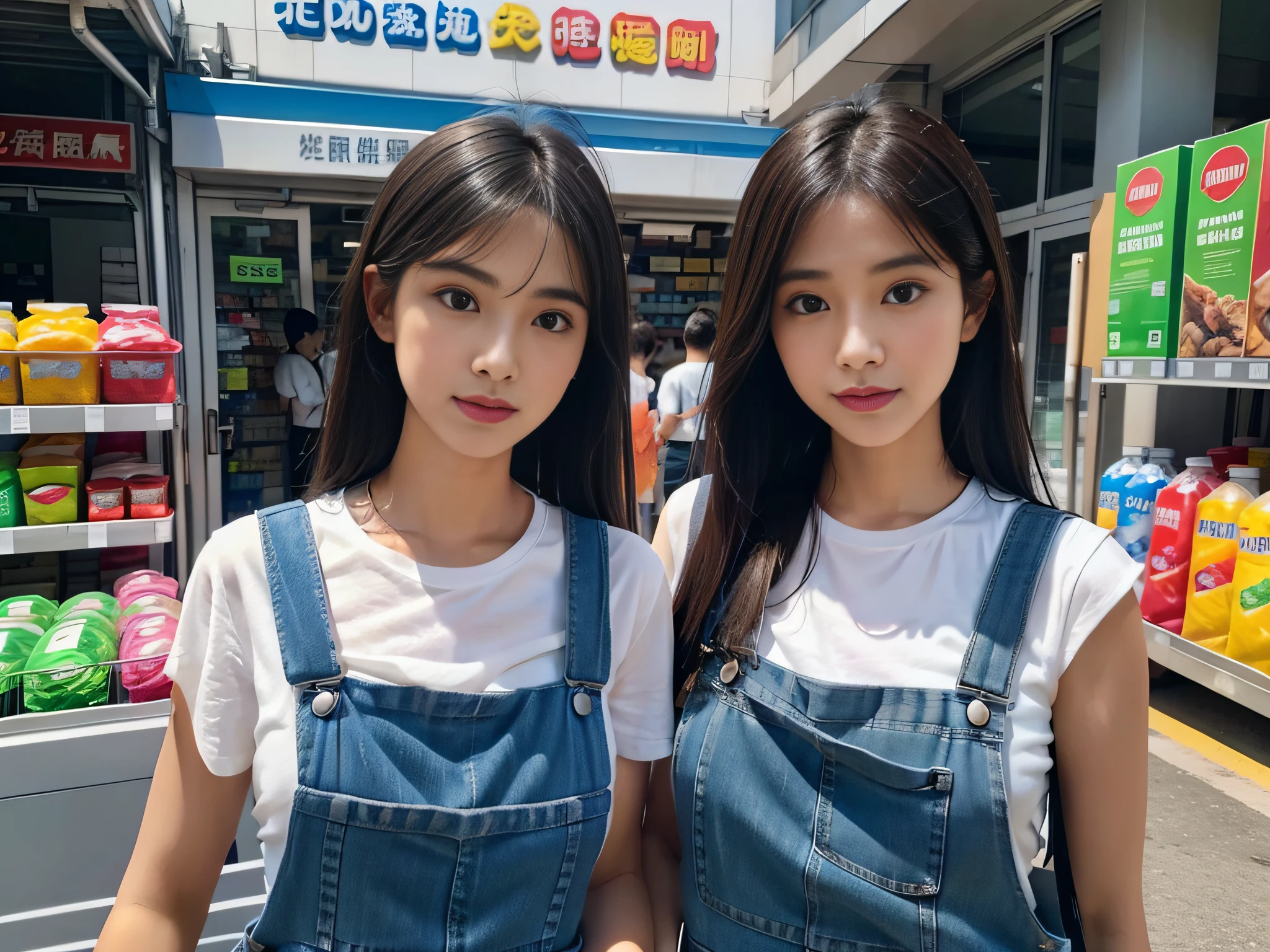 1 female supermarket saleswoman wearing overalls，Laundry detergent in hand，Introduce products to customers，Detailed facial expressions，sface focus。