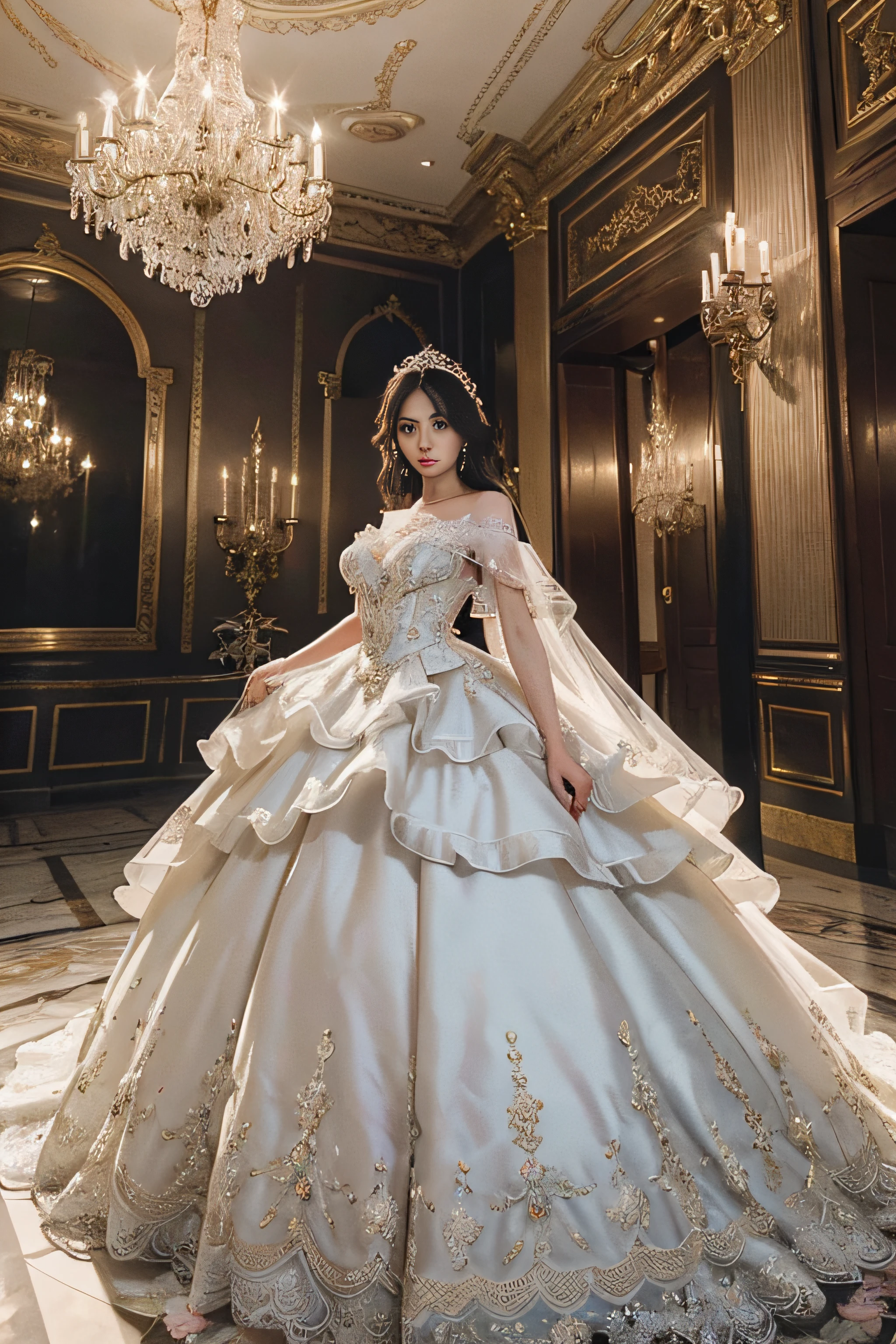 (a full body image showcasing a Mexican girl in a luxurious haute couture ball gown with floral lace, adorned with layers of tulle ruffles, sparkling rhinestones, and intricate lace and filigree patterns. Delicate floral lace add a touch of romance and elegance to the ensemble. Poised gracefully within an elegant castle, bathed in cinematic lighting that casts captivating shadows, she embodies elegance. Crystal chandeliers hang gracefully from the ornate ceiling, illuminating the marble floors beneath. The grand stairwell, intricately designed, contributes to the castle's opulence. Captured with an 80mm lens on a Sony A7 IV camera, the horizontal image composition features the girl's full physique and the grandeur of her haute couture attire,WEARING HAUTE_COUTURE DESIGNER DRESS