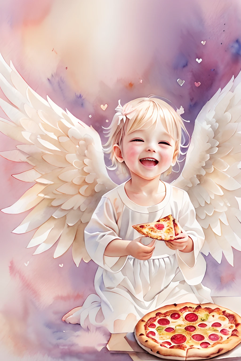 Blessings of Angels､Bright background、heart mark、tenderness､A smile、Gentle､Baby Angel、Eating pizza、watercolor paiting