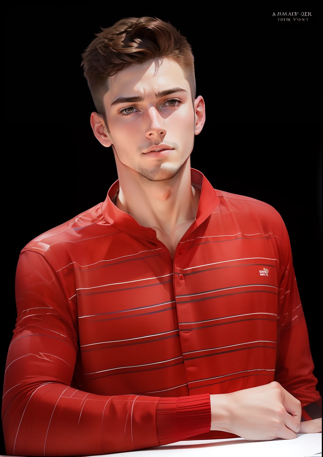 (a watercolor and pencil drawing of an incredibly handsome 25-year-old male athlete with short light-brown hair, a broad chest and narrow waist wearing a vibrant crimson lace women's skimpy thong) full body image seen from a low angle
