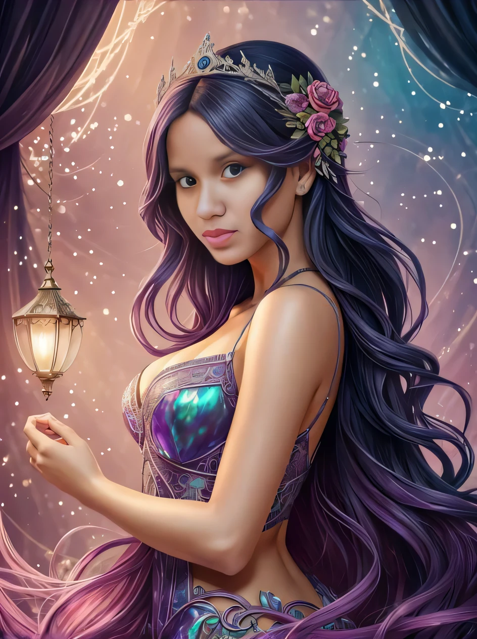 a woman with long purple hair holding a flashlight in her hand, retrato bonito da arte da fantasia, bela arte de fantasia, estilo de arte de fantasia, retrato bonito da fantasia, arte digital de fantasia detalhada, arte estilo fantasia, retrato da arte da fantasia, arte digital fantasia arte, arte de fantasia muito bonita, realistic fantasy illustration, arte de fantasia digital colorida, epic fantasy HD art style, arte do retrato da fantasia