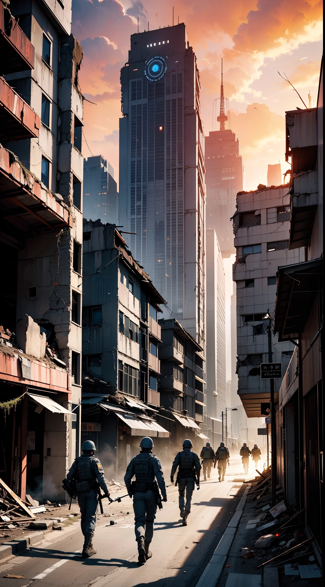 (Beautiful wallpapers)，(scenery)，8K，HighestQuali，Complicated details，Realistic painting style，(The city under the nuclear apocalypse)，A group of heavily armed robot soldiers walk into the ruins，Red sky，Future wars