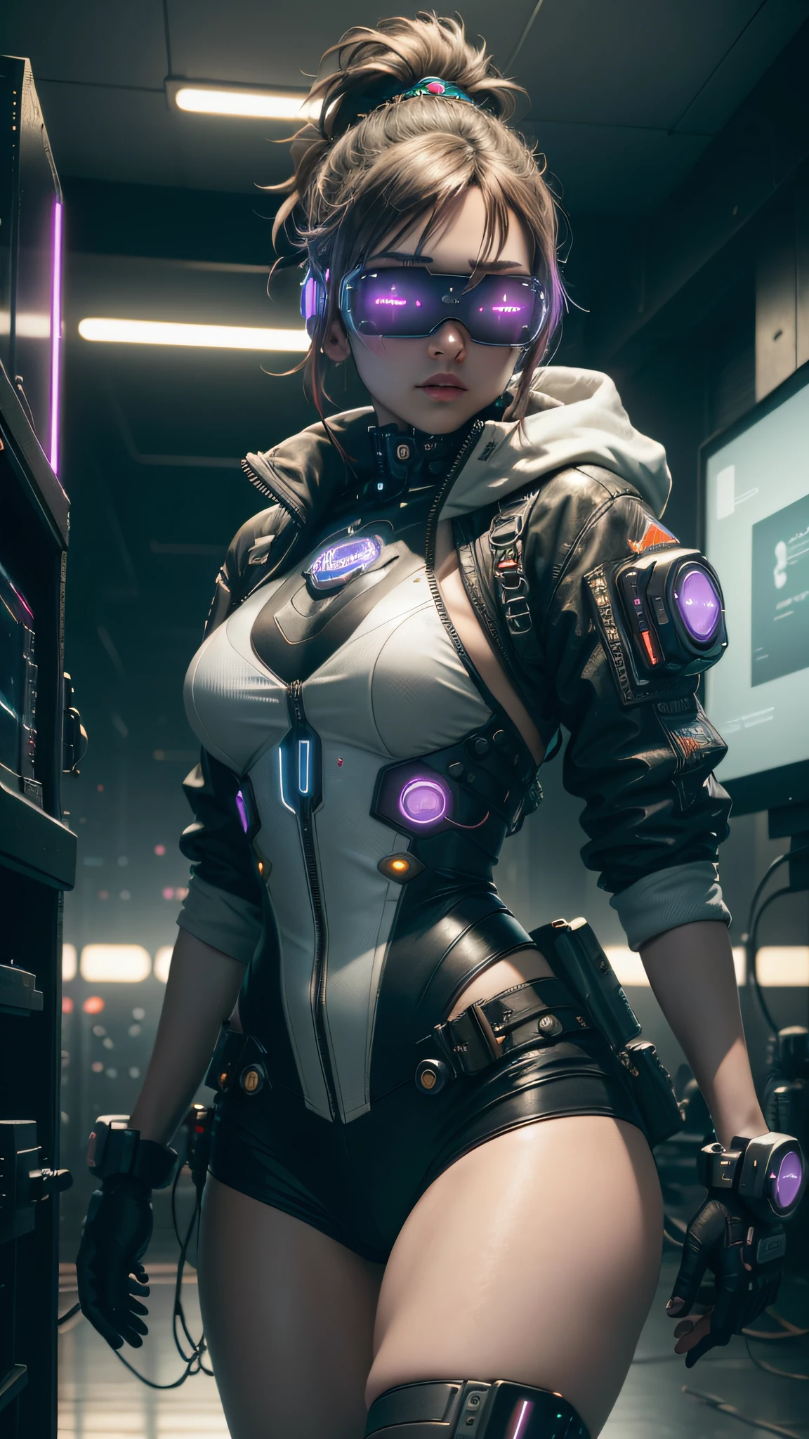 ((Best Quality)), ((Masterpiece)), (Very detailed:1.3), 3D, Beautiful (Cyberpunk:1.3) Female hacker, Mohican hairstyle, back to viewer, thick hair, operating computer terminal, head-mounted display, computer server, LCD screen, fiber optic cable, company logo, HDR (high dynamic range), ray tracing, nvidia RTX, super resolution, Unreal 5, subsurface scattering, PBR texture, post-processing, anisotropic filtering, depth of field, Maximum sharpness and sharpness, multi-layered textures, albedo and highlight maps, surface shading, accurate simulation of light-material interactions, perfect ratios, octane rendering, duotone lighting, low ISO, white balance, rule of thirds, wide aperture, 8K RAW, efficient sub-pixels, subpixel convolution, luminous particles, dynamic pose