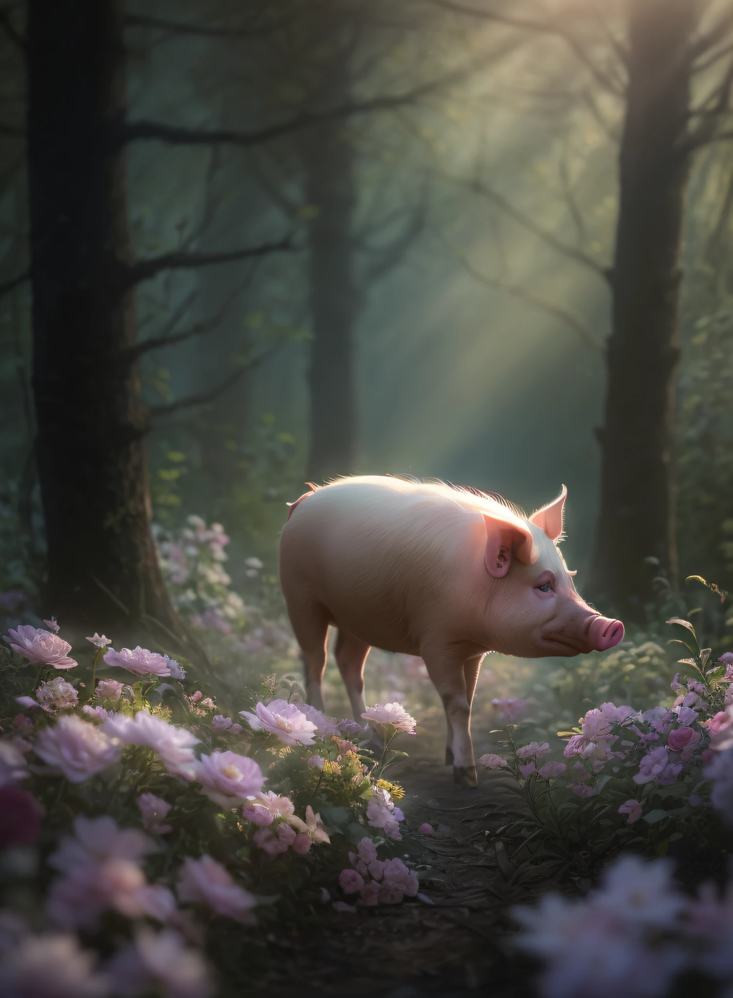 1 pig、in woods、Sunlight、Haze、Halation、florals、Dramatic atmosphere、central、thirds rule、200mm 1.4F Macro Shot、(Natural fur texture、Hyper-Realism、Soft light、sharp:1.2)、(intricate-detail:1.12)、nffsw、(intricate-detail、ultra-detailliert:1.15)、Art by Greg Rutkowski and ArtGerm、Soft Cinematic Lights、adobe lightroom、Photolab、nffsw、Convoluted、ighly detailed、(depth of fields:1.4)