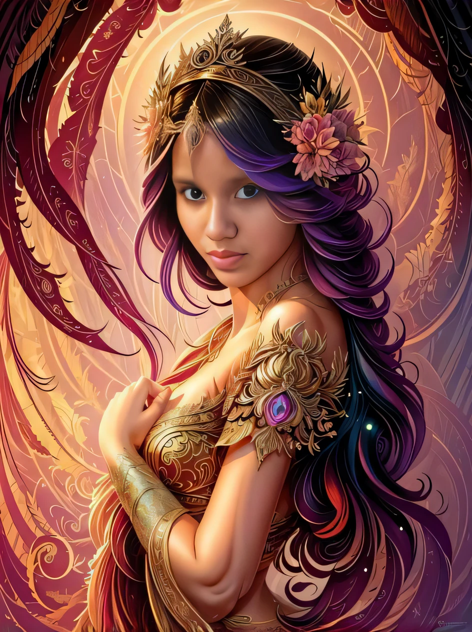A woman with purple hair and a gold dress is standing in front of a circular background, bela arte de fantasia, arte de fantasia muito bonita, mulher da fantasia, arte de fantasia detalhada, retrato bonito da arte da fantasia, bela fantasia detalhada, linda donzela fantasia, amazing fantasy art, arte digital de fantasia detalhada, arte estilo fantasia, arte de fantasia digital colorida, arte de fantasia, bela feiticeira faery