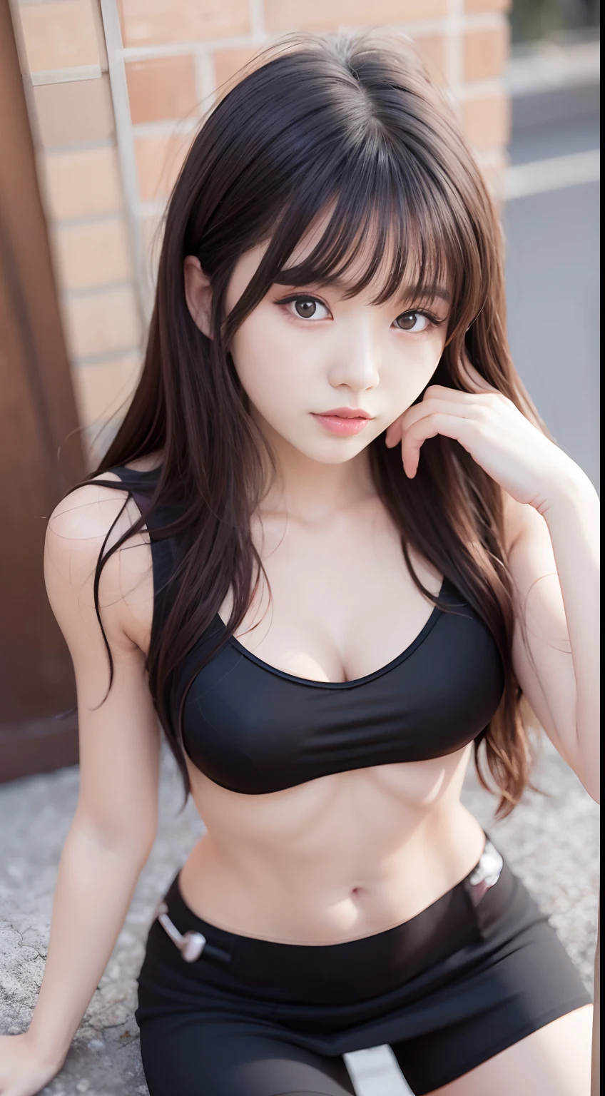 top-quality、超A high resolution、(Photorealsitic:1.4)、(ulzzang-6500:0.4)、Beautie、Korean Idols、18year old、length hair、Light brown hair、Hairstyle with clean waviness、small tits、very small breasts、Realistic eyes, Beautiful eyes、a smile、croptop、a miniskirt、Oversized shirt、In the street、crouching down、slender、A slender、abdominals、Slender body lines、Shot diagonally from above