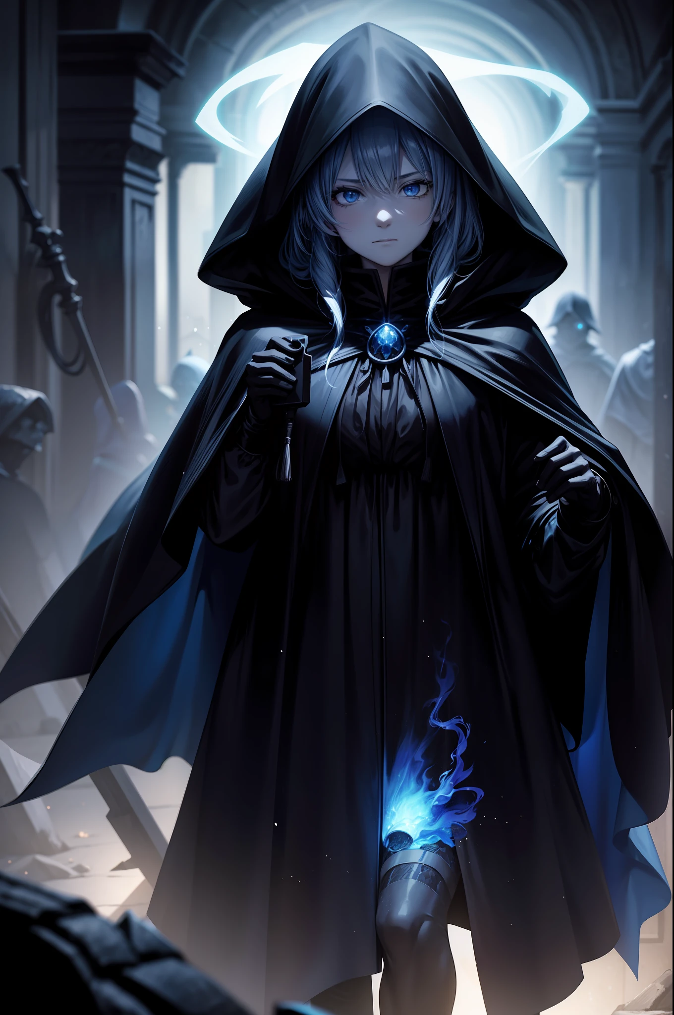 a controller of death walks through, with blue ghost fire around, wearing black cloak, in the dark, dead area, dark element, anime, high detail, chiaroscuro, depth of field, cinematic lighting, sparkle, blurry, ray tracing, vignetting, panorama, polar opposites, masterpiece, best quality, high quality, high details, textured skin, anatomically correct, accurate, UHD, 1080P