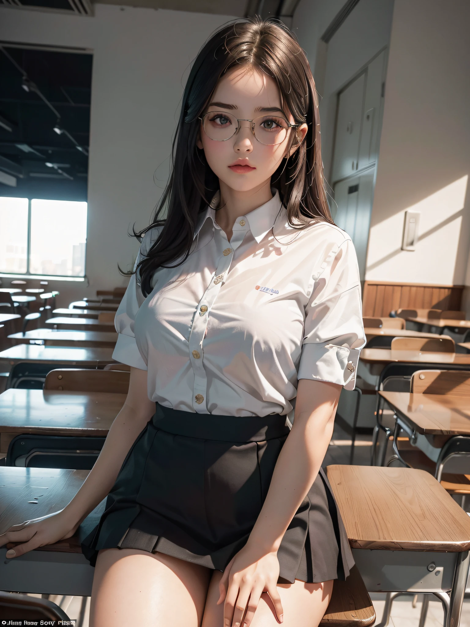 (parte superior del cuerpo: 1.2 1girl, obra maestra, mejor calidad, ultra detallado, illustration, 10-year-old blonde girl in school uniform, girl in a short skirt, ojos finamente detallados y cara detallada) Ropa: mini falda, blusa blanca ajustada, anillo de bodas, Apariencia: Short black hair in a low, clean bun, maquillaje natural, (ojos morados: 1.05), gafas blancas, caderas anchas, senos masivos, seductor, maternal, at_the_CEO_office, mirando al espectador, curvilíneo, voluptuoso, cuerpo completo, CEO lady, (10-year-old girl in uniform: 1.1), solo, (curvy: 1.1), culo grande, muslos gruesos, milf, Classroom Fund,