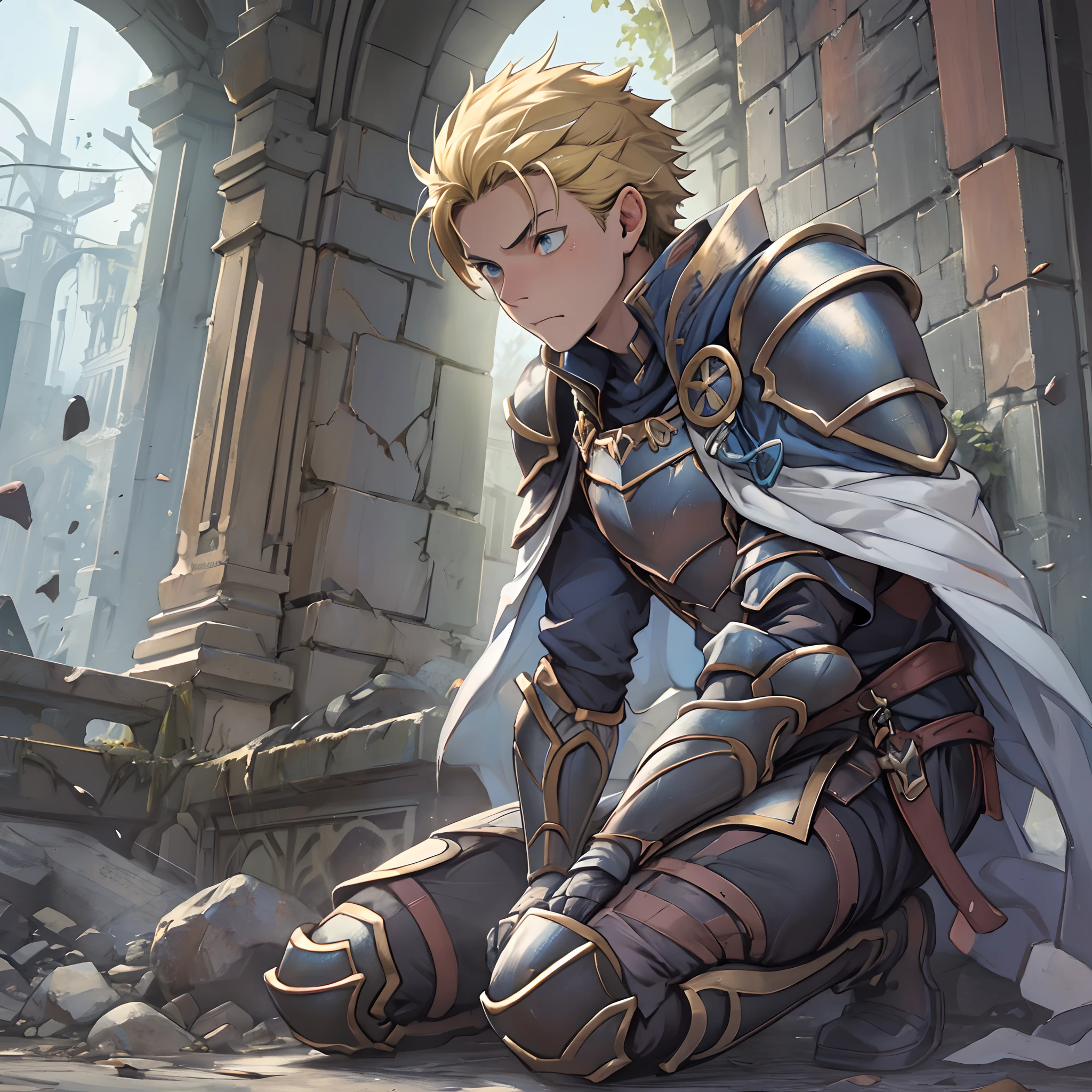 (1 Adult male),A high resolution, Sharp focus, Pixiv masterpiece, ((Complicated details)), highly detailed, natsuki_subaru, 1 man,Defeat, crestfallen,full bodyesbian,kneels on the ground, (A gesture of pleading),blue color eyes(eyes glowing), Short yellow hair,cloaks,Armour,Shoulder armor,perspire,look from down