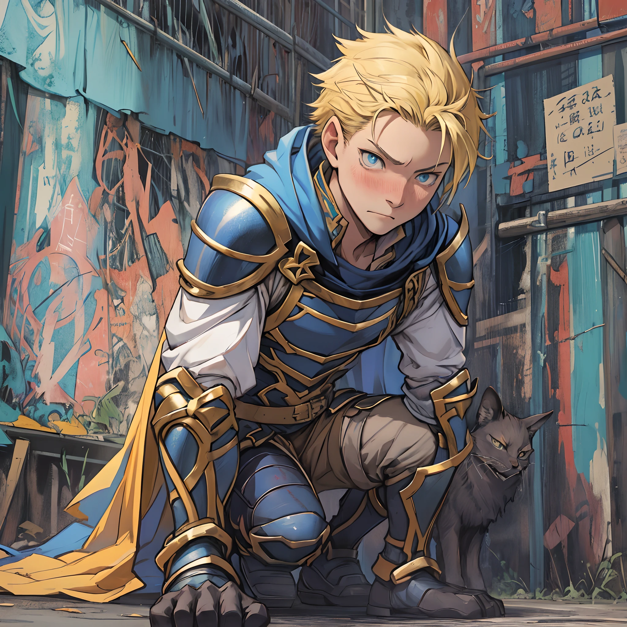 (1 Adult male),A high resolution, Sharp focus, Pixiv masterpiece, ((Complicated details)), highly detailed, natsuki_subaru, 1 man,Defeat, crestfallen,full bodyesbian,kneels on the ground, (A gesture of pleading),blue color eyes(eyes glowing), Short yellow hair,cloaks,Armour,Shoulder armor,perspire,look from down