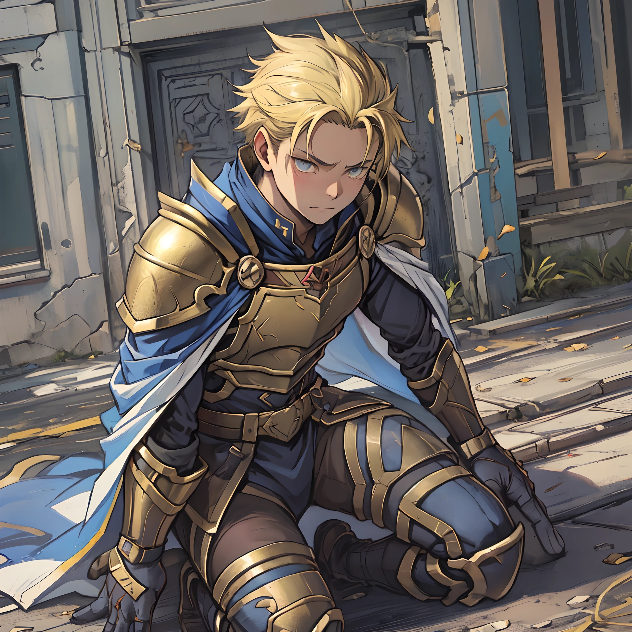 （1 Adult male），A high resolution， Sharp focus， Pixiv masterpiece， （（Complicated details））， highly  detailed， natsuki_subaru， 1 man，Defeat， crestfallen，full bodyesbian，kneels on the ground， （A gesture of pleading），blue color eyes（eyes glowing）， Short yellow hair，cloaks，Armour，Shoulder armor，perspire，look from down