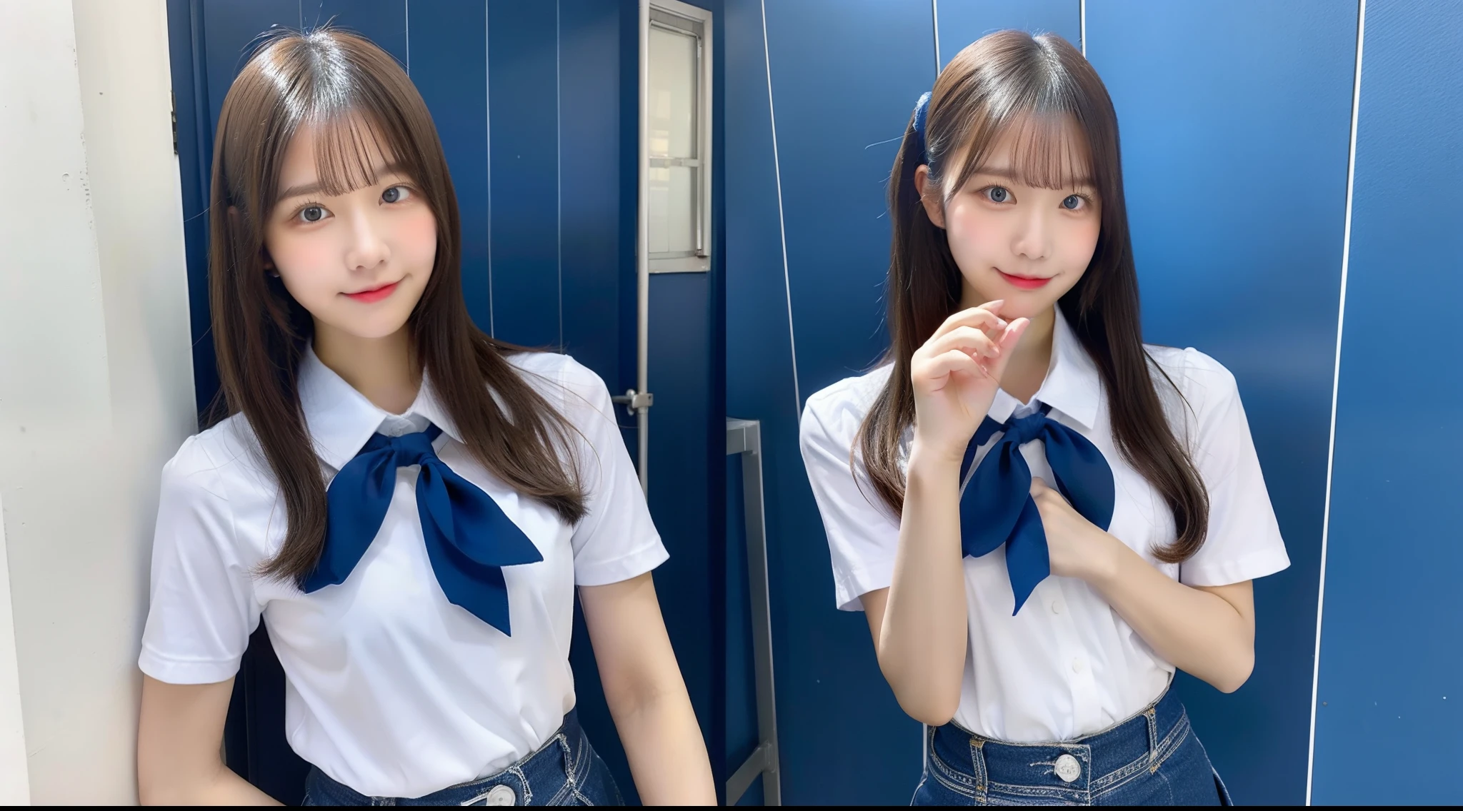 18-year-old high school girl wearing blue miniskirt and white shirt