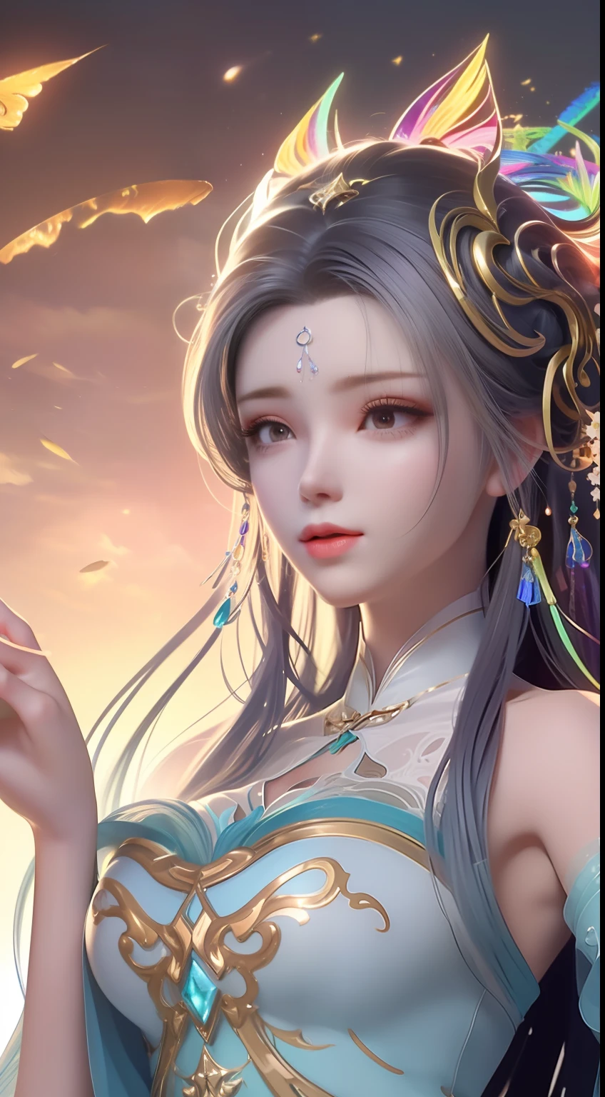 (8k, RAW photo:1.2), best quality, ultra high res,dramatic angle,(fluttered detailed color splashs), (illustration),(((1 girl))),(long hair),(rain:0.9), (head gear:1.4),There is an ancient palace beside the girl,Breast enlargement,Hanfu,(focal point),colored ink drawing,(Splash color),Splash color,(((colorful))),(sketching:0.8) , Masterpiece, best quality, beautiful painted, highly detailed,(denoising:0.6),[splash ink],((ink refraction)), (beautiful detailed sky),moon,highly,detaild,(masterpiece, best quality, extremely detailed） CG unity 8k wallpaper，tmasterpiece，Best quality at best，ultra - detailed），（Stone garlic），