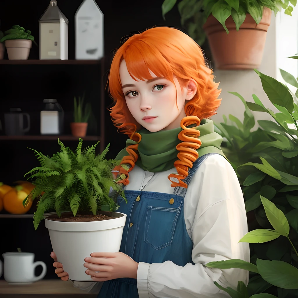 Girl with orange hair,French coiled hair,green plant
