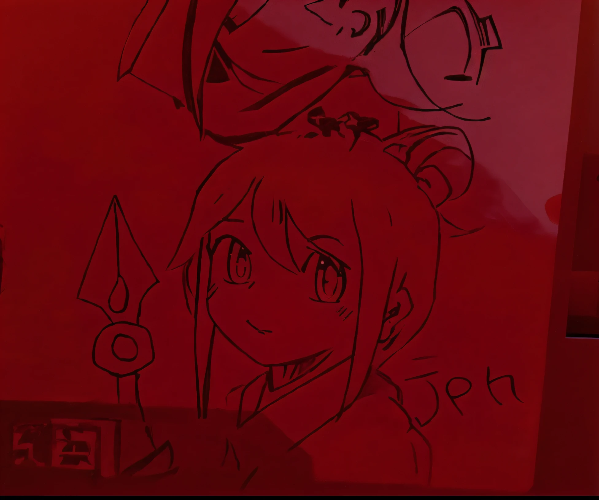 Someone drew a picture of a girl on a red box, classroom doodle, unknown artstyle, style of gurren lagann (2007), Design exposure anime John Ray, r /art, r / art, r/art, screenshot from guro anime, yandere intricate, heavy jpeg artifact blurry, an anime drawing, Doodle