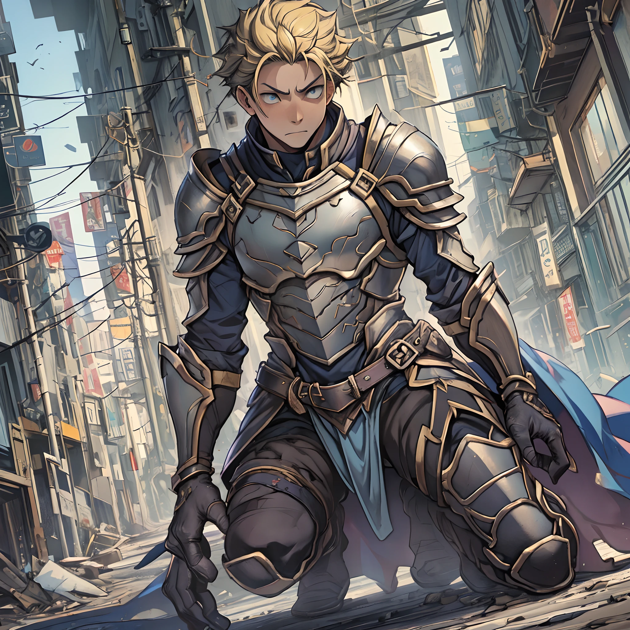 (1 Adult male),A high resolution, Sharp focus, Pixiv masterpiece, ((Complicated details)), highly detailed, natsuki_subaru, 1 man,Defeat, crestfallen,full bodyesbian,kneels on the ground, (A gesture of pleading),blue color eyes(eyes glowing), Short yellow hair,cloaks,Armour,Shoulder armor,perspire,look from down