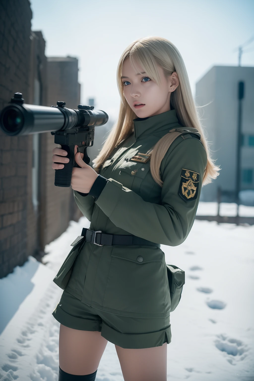 ((masterpiece:1.2, best quality)),movie,official art,promotional art,movie wallpaper,（A blonde girl in （（White combat uniform））, （White clothes and shorts）, exposing thighs, in a low angle shot holding a gun in the snow, engaged in a winter battle. Captured in a cinematic style, the scene includes multiple female soldiers armed with rifles on the frontline. The image is taken in an otherworldly fantasy realm. The color temperature is cool with a slight blue tint, conveying a sense of coldness and tension. The lighting is dramatic with harsh shadows and highlights, highlighting the woman's fierce expression. Shot with a Sony A7R IV camera using an aperture of f/2.8, ISO 1600, and a shutter speed of 1/200 sec. UHD dtm HDR 8k.