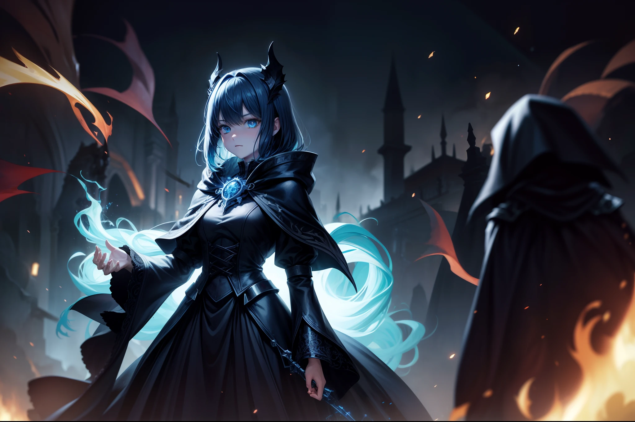 a controller of death walks through, with blue ghost fire around, wearing black cloak, in the dark, dead area, dark element, anime, high detail, chiaroscuro, depth of field, cinematic lighting, sparkle, blurry, ray tracing, vignetting, panorama, polar opposites, masterpiece, best quality, high quality, high details, textured skin, anatomically correct, accurate, UHD, 1080P