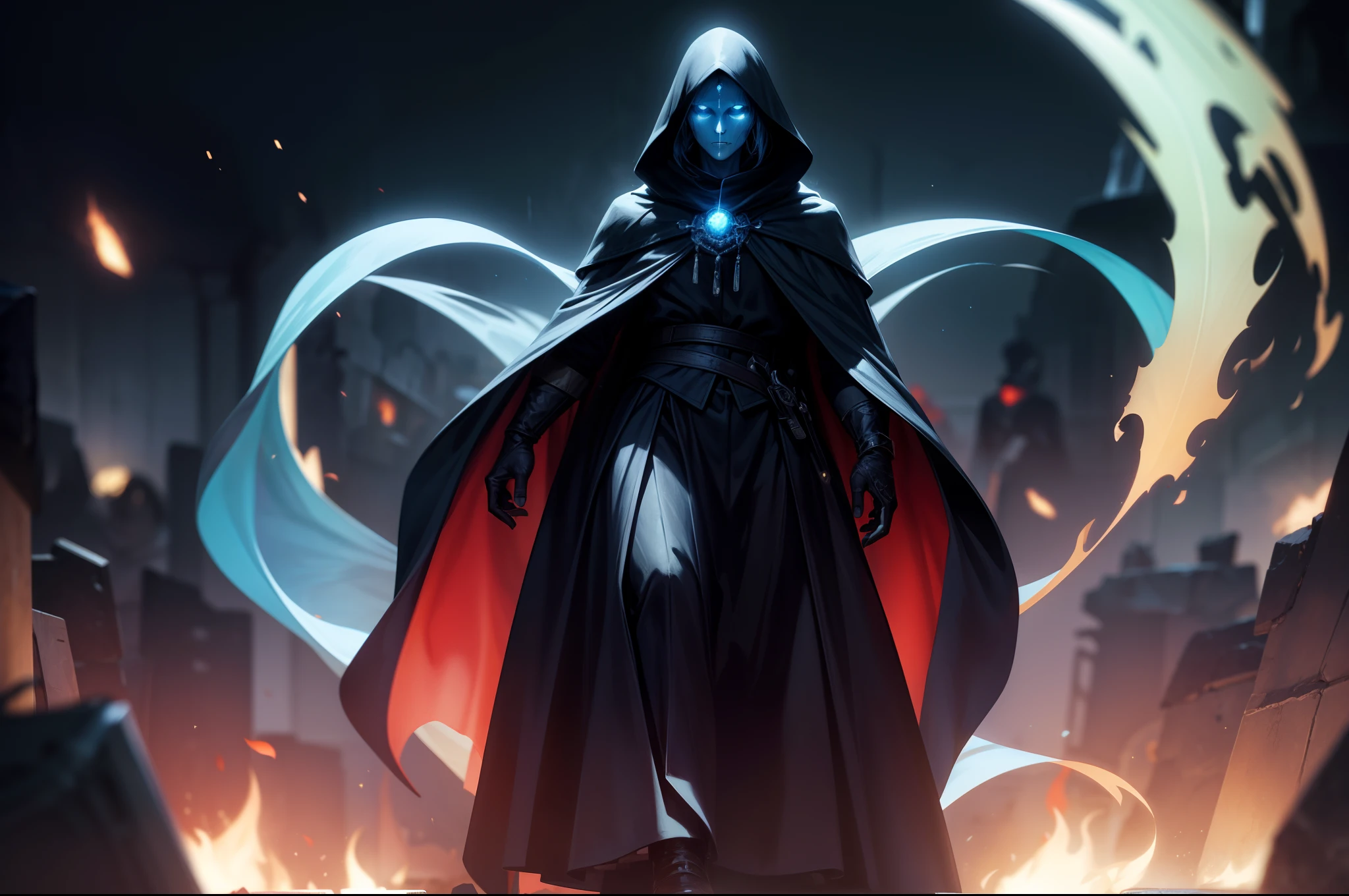 a controller of death walks through, with blue ghost fire around, wearing black cloak, in the dark, dead area, dark element, anime, high detail, chiaroscuro, depth of field, cinematic lighting, sparkle, blurry, ray tracing, vignetting, panorama, polar opposites, masterpiece, best quality, high quality, high details, textured skin, anatomically correct, accurate, UHD, 1080P