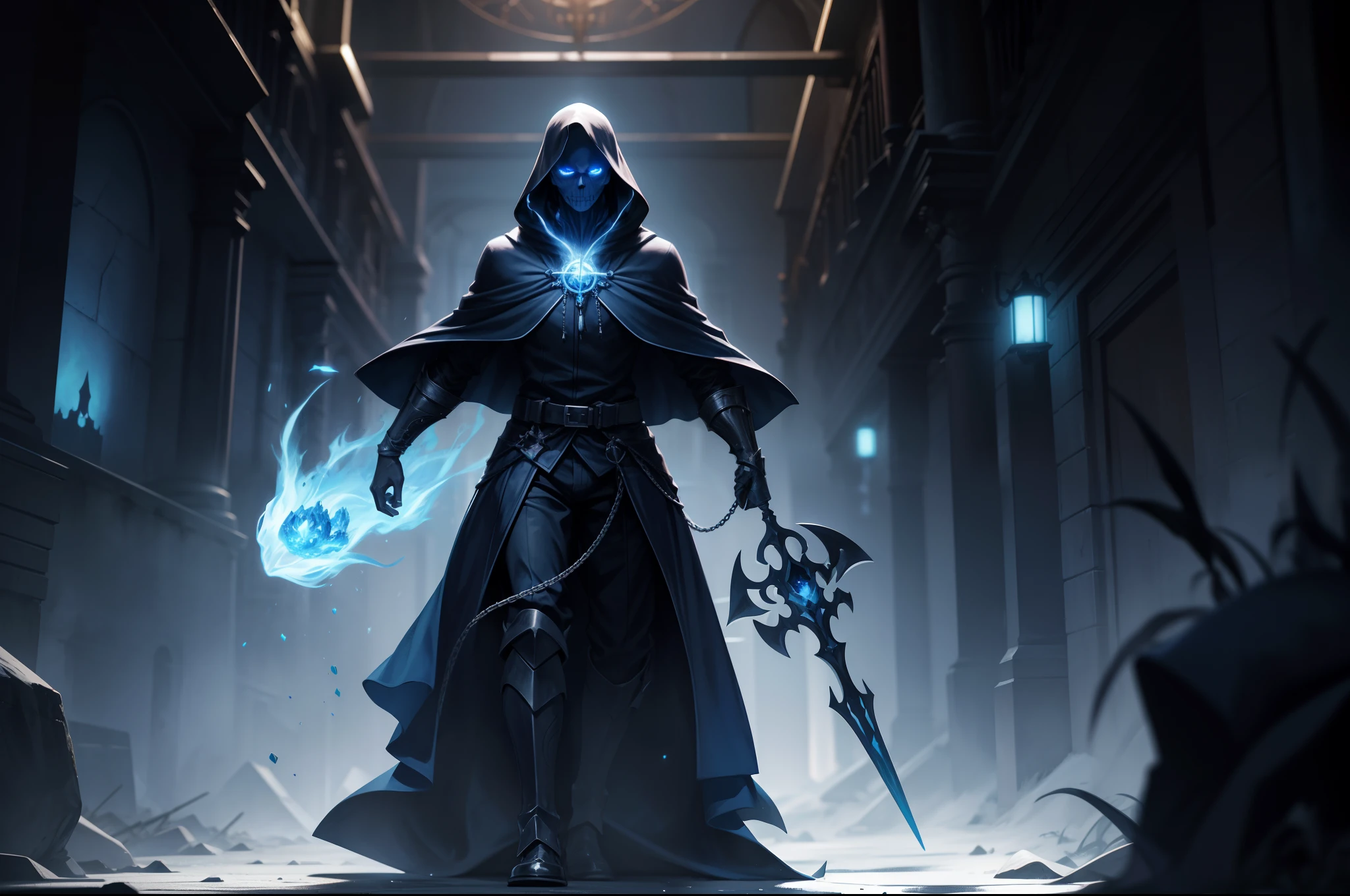 a controller of death walks through, with blue ghost fire around, wearing black cloak, in the dark, dead area, dark element, anime, high detail, chiaroscuro, depth of field, cinematic lighting, sparkle, blurry, ray tracing, vignetting, panorama, polar opposites, masterpiece, best quality, high quality, high details, textured skin, anatomically correct, accurate, UHD, 1080P