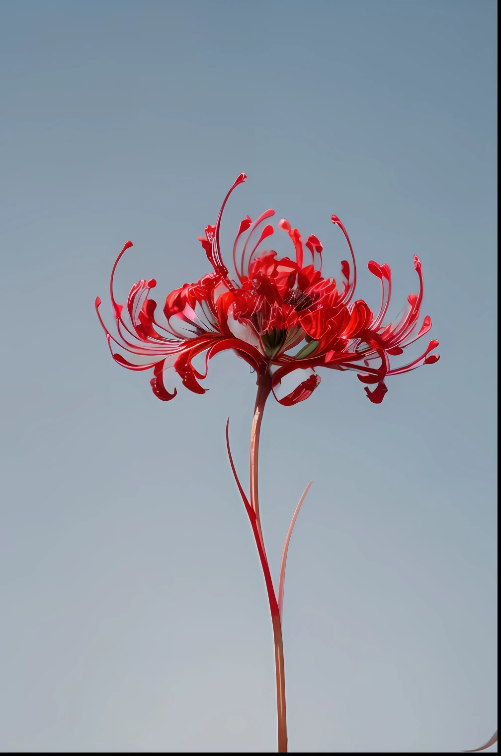 There are 3 red garlic flowers,The background is blue sky, Red flower, Red blooming garlic flowers, staggering in its beauty, Red flowers, taken with sony alpha 9, red colour, Fine red veins, Shot on Sony Alpha DSLR-A300, shot on 1 5 0 mm, botanical photo, alien flowers, vibrant red colors