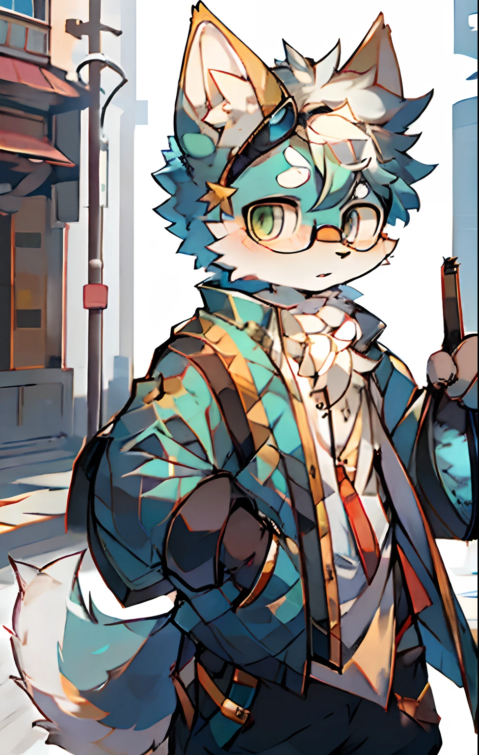 shaggy,furred,Body fur yellow,城市,the street,独奏,short- sleeved,BREAK BREAK BREAK,AOEU,AOEU,wears glasses,Eyes blue-green