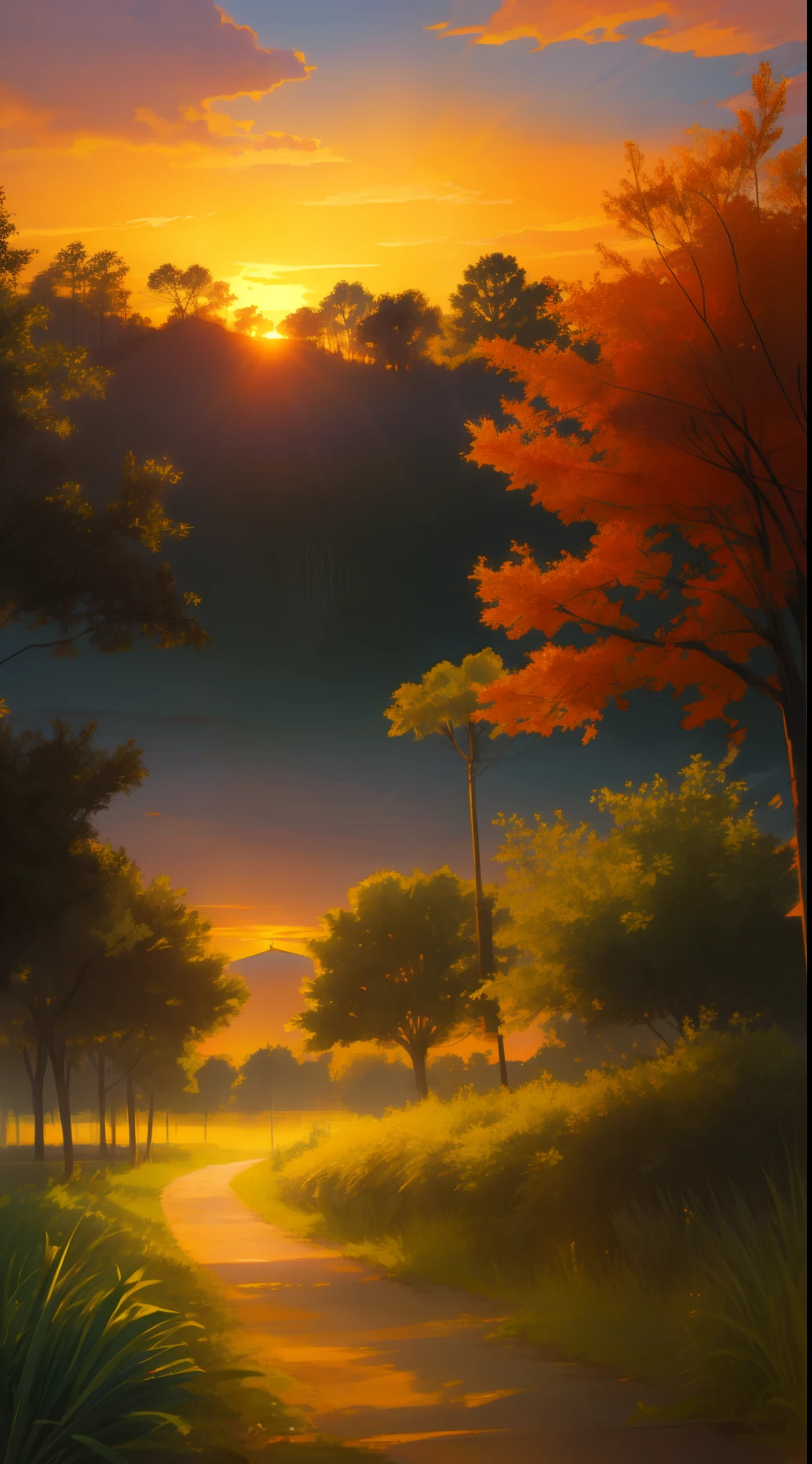 sunset plantation atmosphere behind the house, pixel, sunset, evening light, aesthetic, cinematic