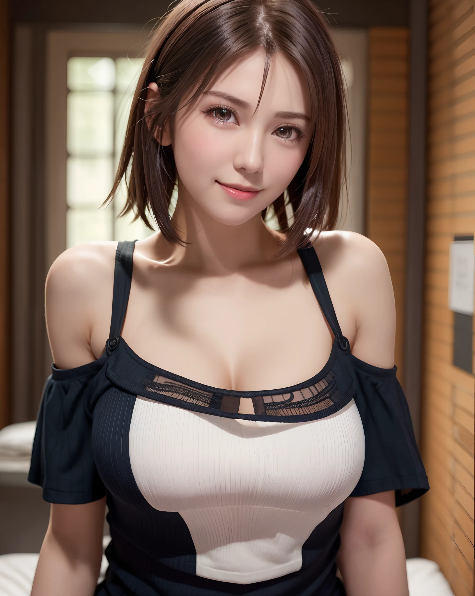 Best Quality, Ultra High Resolution, (Photorealistic: 1.4), Beautiful Eyes, Super Beautiful, Very Short Hair, Beautiful, Sweetheart, T-shirt with Rough Chest, Beautiful Soldier, Eyes That Invite Viewer, Lover's Perspective, Inviting Expression, Sexy Smile, Perfect Style, Perfect Balance, Detailed Skin, Naughty Gaze, Chest Visible