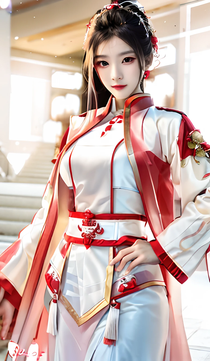 Woman in red and white poses for photo in indoor setting, Palace ， A girl in Hanfu, White Hanfu, cosplay, Anime cosplay, Anime girl cosplay, Hanfu, Chinese costume, cosplay foto, Gorgeous Role Play, professional cosplay, with acient chinese clothes, elegant glamourous cosplay, inspired by Han Gan, Keqing from Genshin Impact, Hanbok