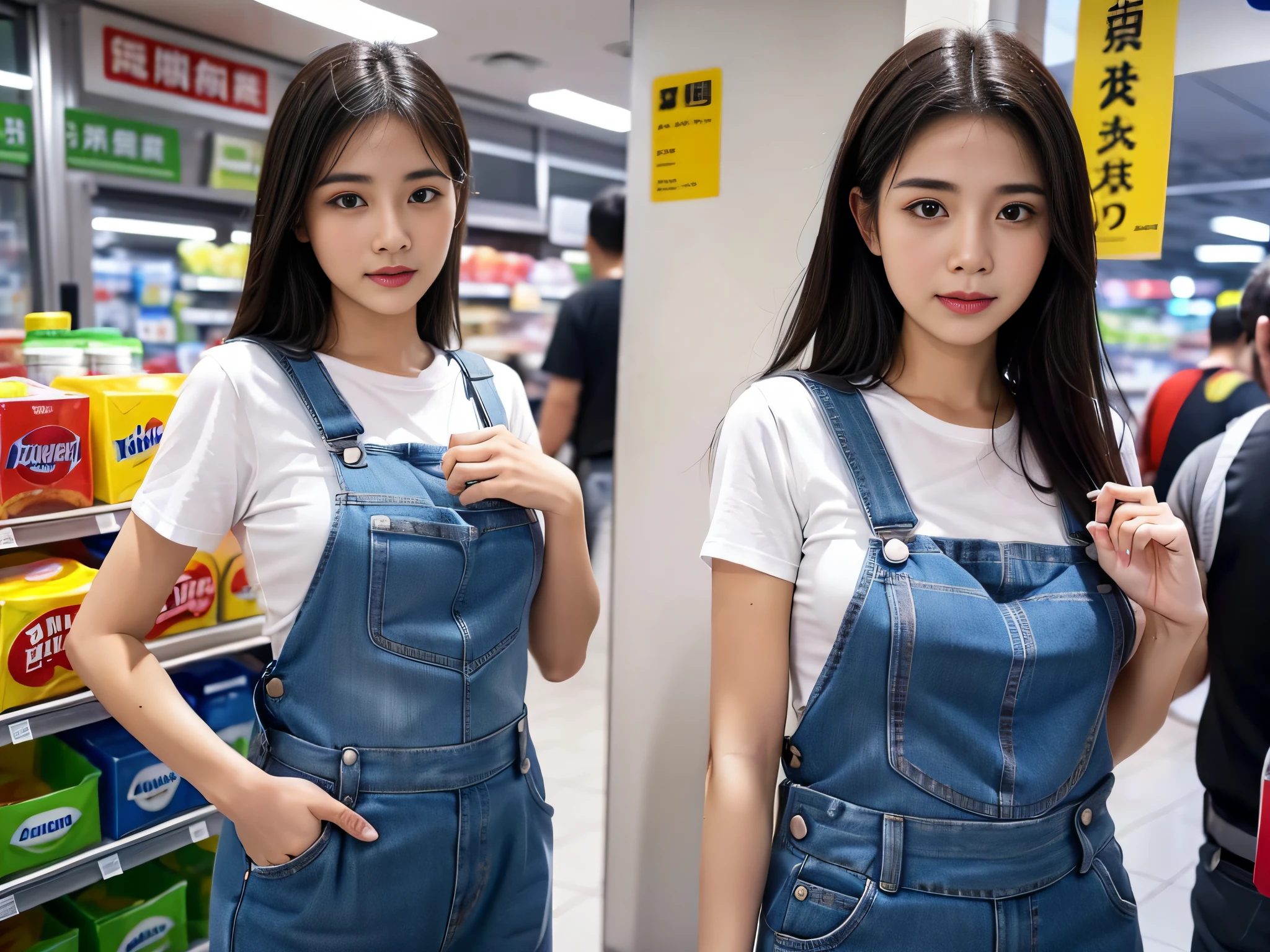 1 female supermarket saleswoman wearing overalls,Laundry detergent in hand,Introduce products to customers,Detailed facial expressions,sface focus。