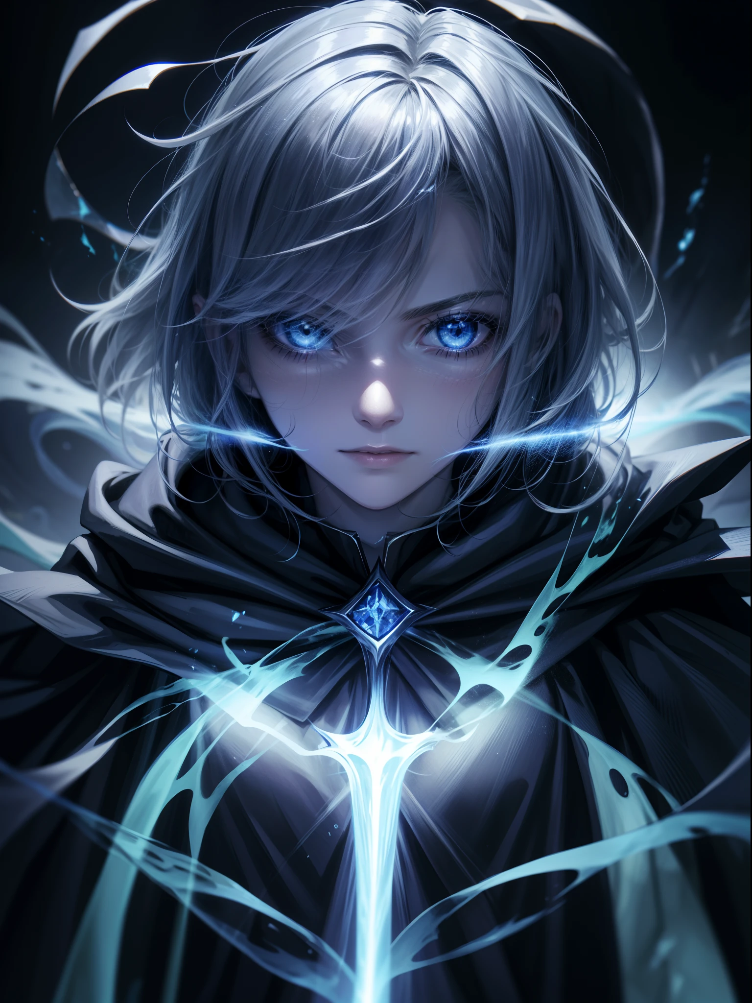 a controller of death walks through, (with blue ghost fire around), wearing black cloak, in the dark, death area, glassy eyes, ice element ,dark element, anime, high detail, chiaroscuro, depth of field, cinematic lighting, sparkle, blurry, ray tracing, vignetting, panorama, polar opposites, masterpiece, best quality, high quality, high details, textured skin, anatomically correct, accurate, UHD, 1080P