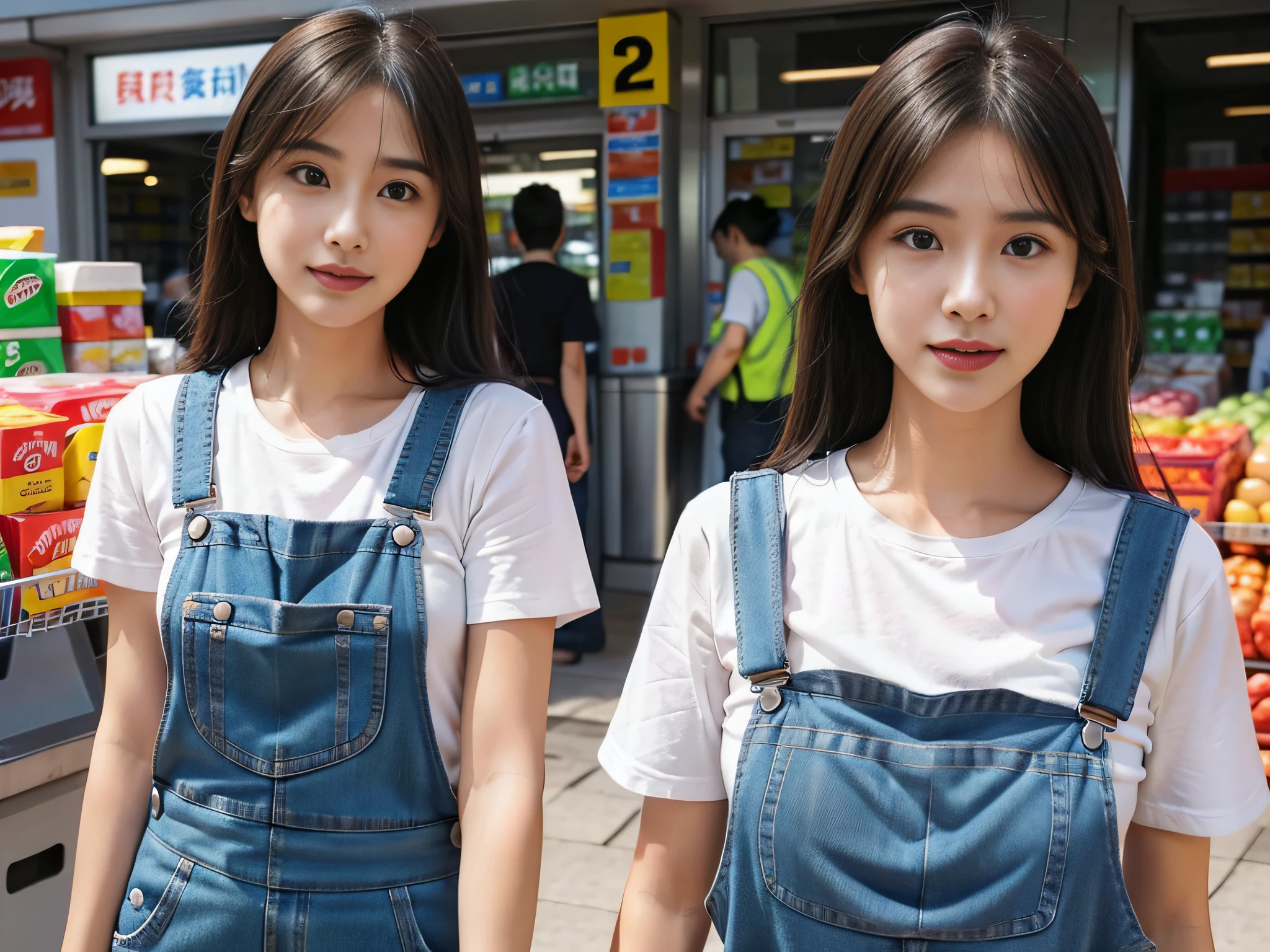 1 female supermarket saleswoman wearing overalls，Laundry detergent in hand，Introduce products to customers，Detailed facial expressions，sface focus。
