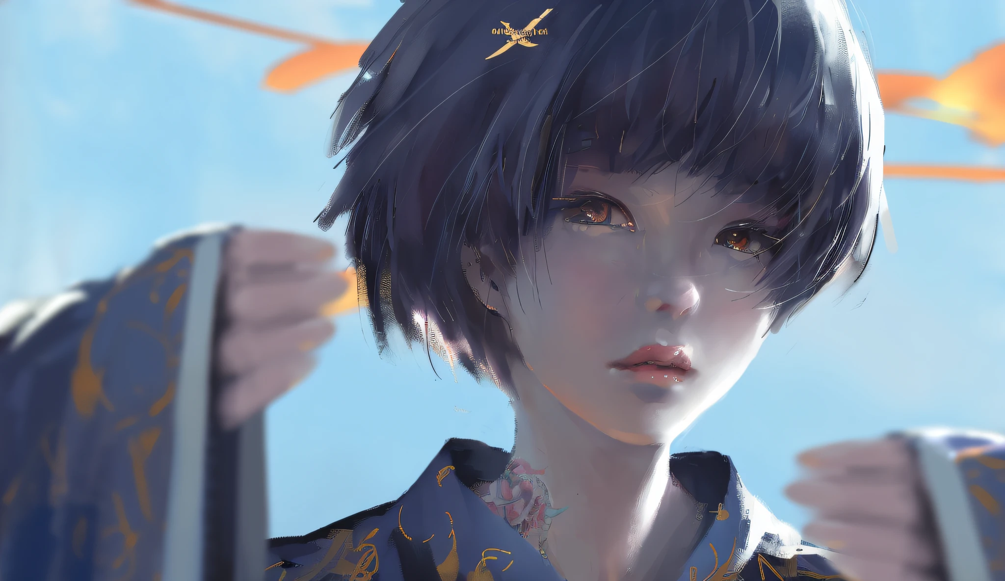 Anime girl in blue kimono and blonde hair holding a pair of scissors, Guviz-style artwork, Detailed digital anime art, style of anime4 K, Guviz, detailed portrait of an anime girl, Anime art wallpaper 8 K, Digital anime art, Digital anime illustration, Anime art wallpaper 4k, Anime art wallpaper 4 K, anime styled digital art