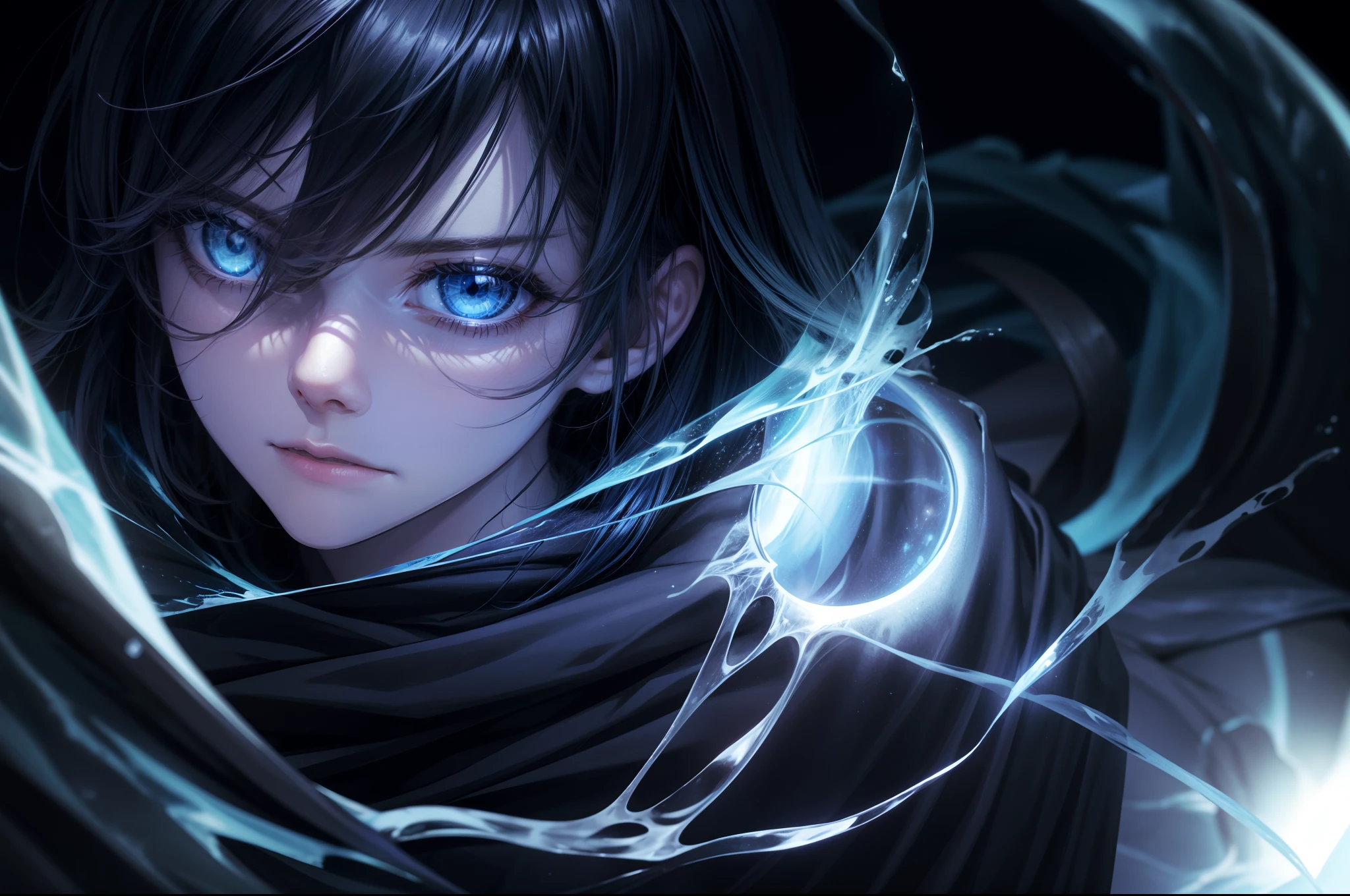 a controller of death walks through, (with blue ghost fire around), wearing black cloak, in the dark, death area, glassy eyes, ice element ,dark element, anime, high detail, chiaroscuro, depth of field, cinematic lighting, sparkle, blurry, ray tracing, vignetting, panorama, polar opposites, masterpiece, best quality, high quality, high details, textured skin, anatomically correct, accurate, UHD, 1080P