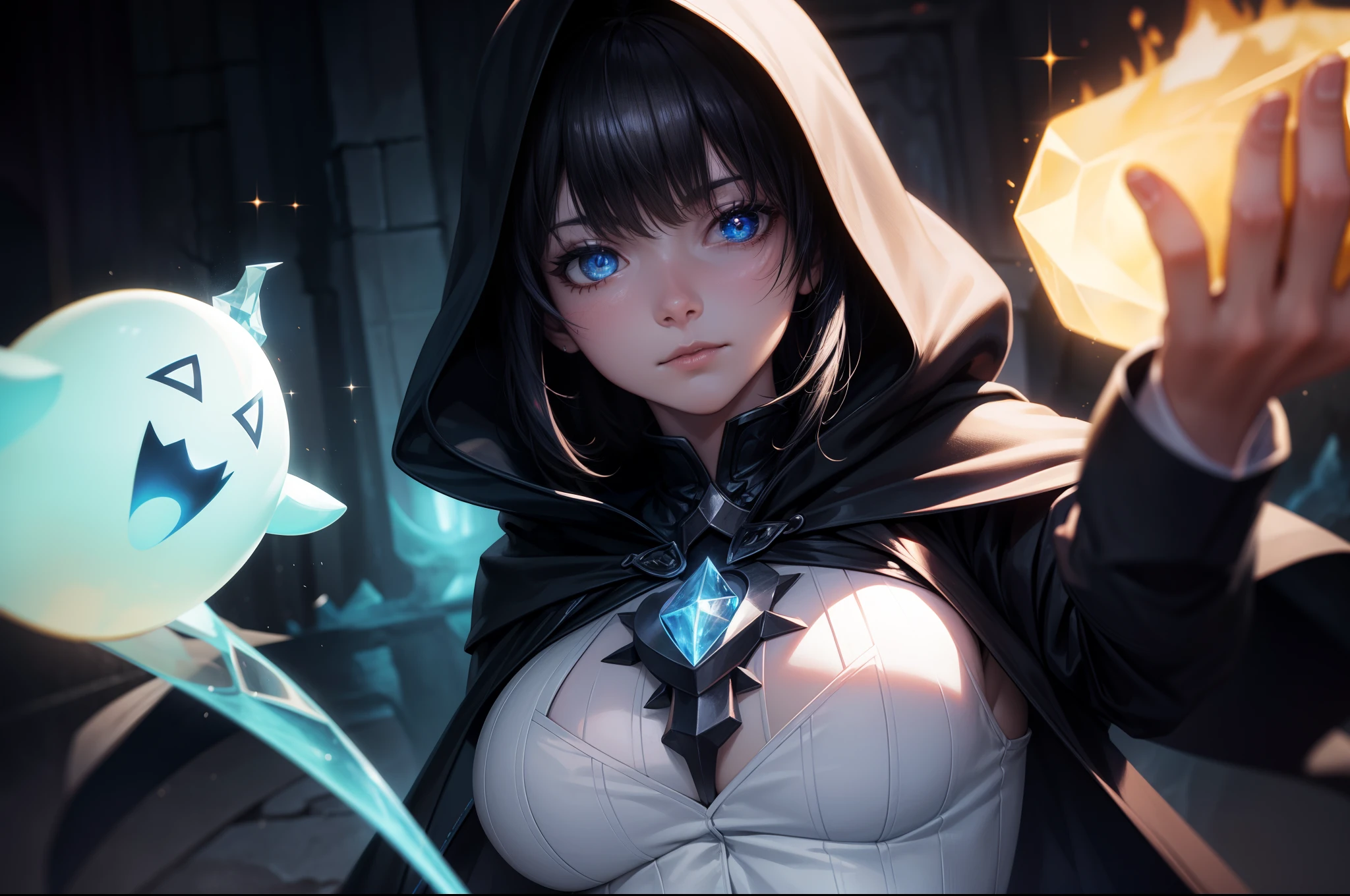 a controller of death walks through, (with blue ghost fire around), wearing black cloak, in the dark, death area, glassy eyes, ice element ,dark element, anime, high detail, chiaroscuro, depth of field, cinematic lighting, sparkle, blurry, ray tracing, vignetting, (panorama), polar opposites, masterpiece, best quality, high quality, high details, textured skin, anatomically correct, accurate, UHD, 1080P