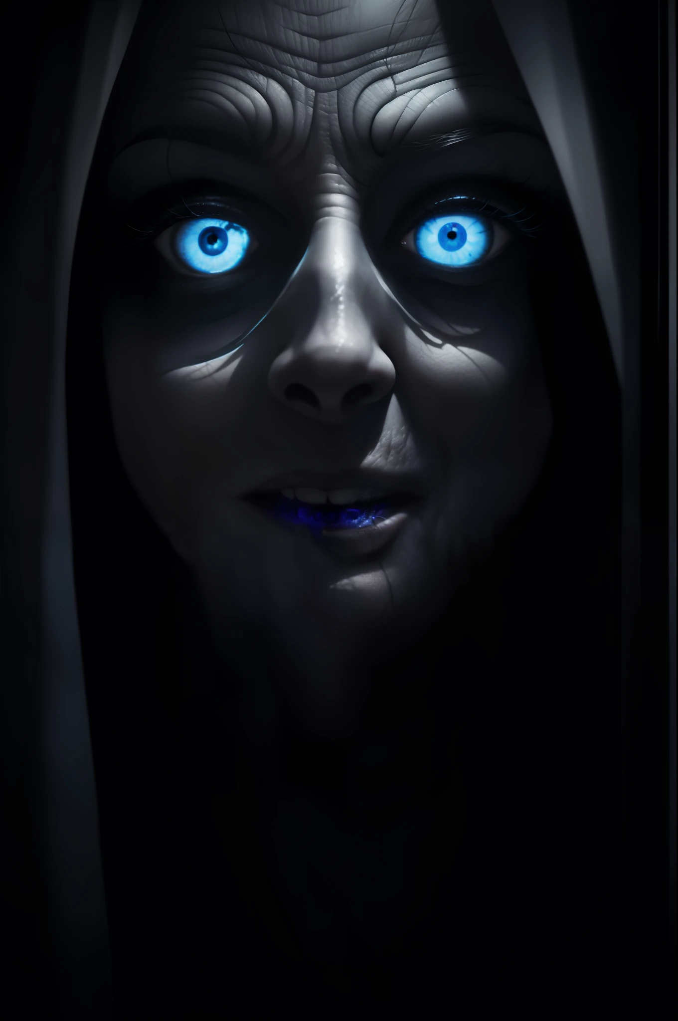 Menacing creepy old lady ghost, black background, white pupil eyes, blue-grey lighting on the face, close-up, horror, dark and haunting, hyperrealism, ultra-detailed, 8k