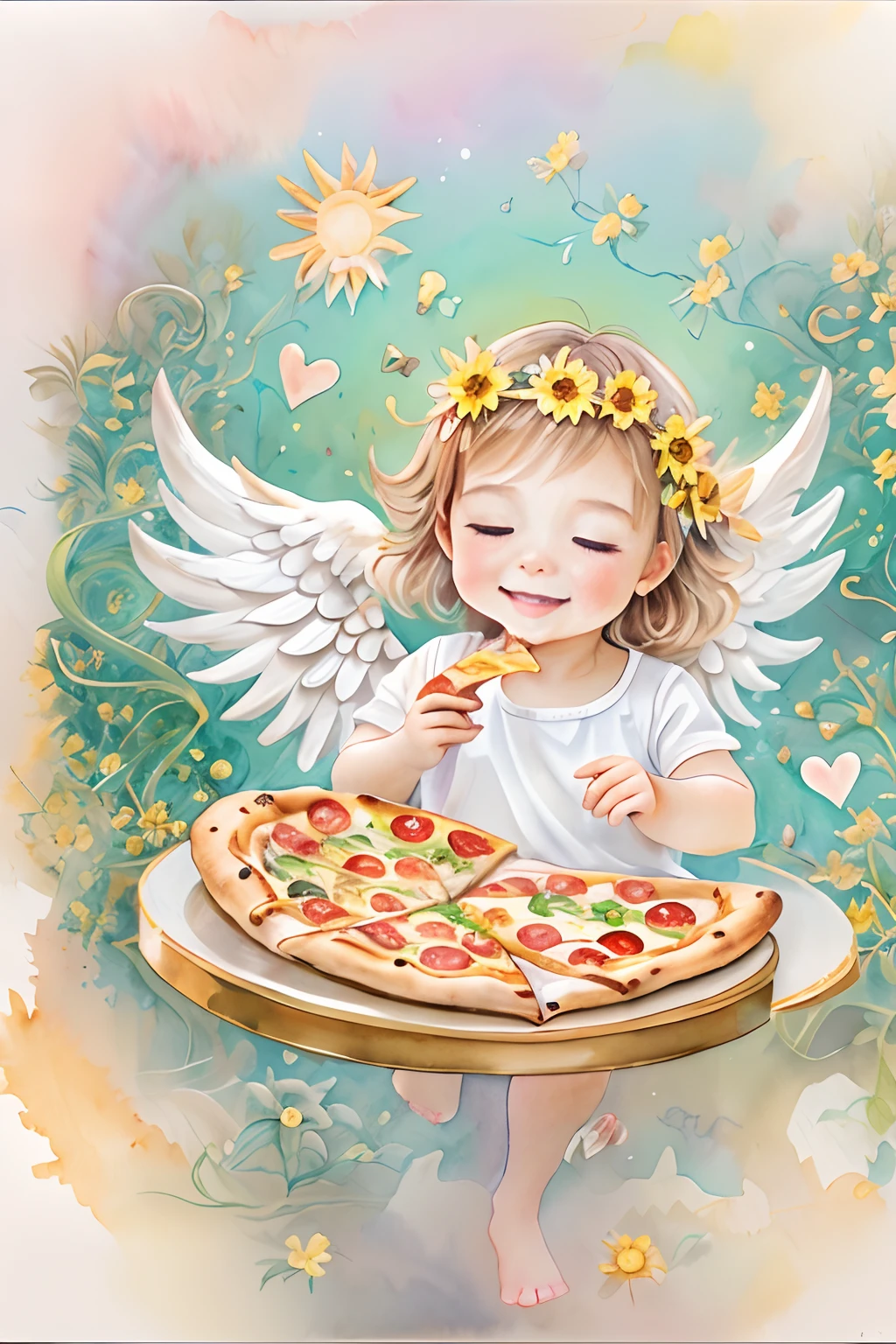 Blessings of Angels､Bright background、heart mark、tenderness､A smile、Gentle､ Angel、eating pizza、watercolor paiting、Sun flower