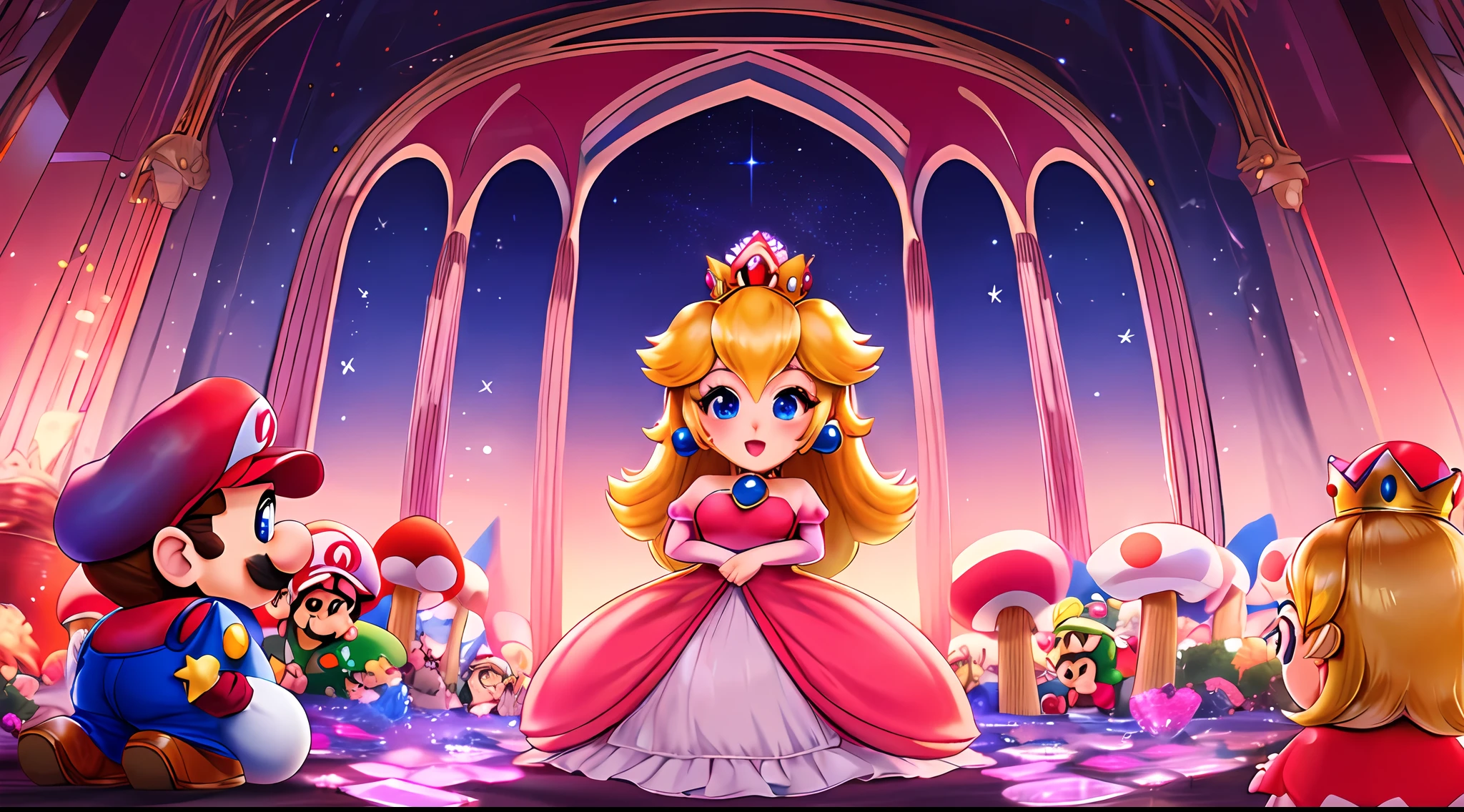 Altas Resoluciones,Obra maestra,perfect ilumination,florecer,cinematic lighting,adulto,piel perfecta,hembra,Disparo de vaquero,They are smiling,cintura estrecha,flaco,(Princesa Peach),(princess peach),gargantilla,ojos detallados,ojos azules,gargantilla,Sensual,mushrooms,Reino de los hongos,labios rosados,((labios brillantes)),labios fruncidos,Bombas rosas,piel brillante,piel grasa,hermosa luz,(tag:1.3),brillante,Mirando al espectador,(phcrystal), 1 mario, mario and peach couple, mario bross, 1 girl , 1 boy,