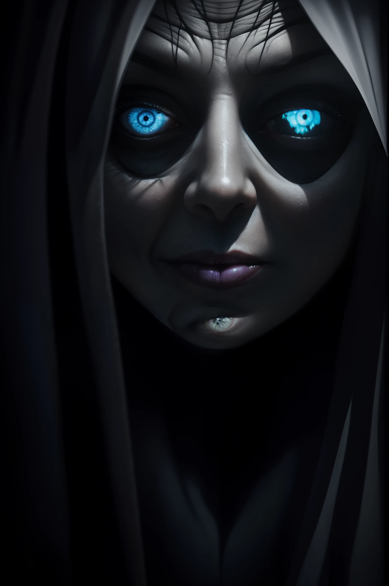 Menacing creepy old lady ghost, black background, white pupil eyes, blue-grey lighting on the face, close-up, horror, dark and haunting, hyperrealism, ultra-detailed, 8k
