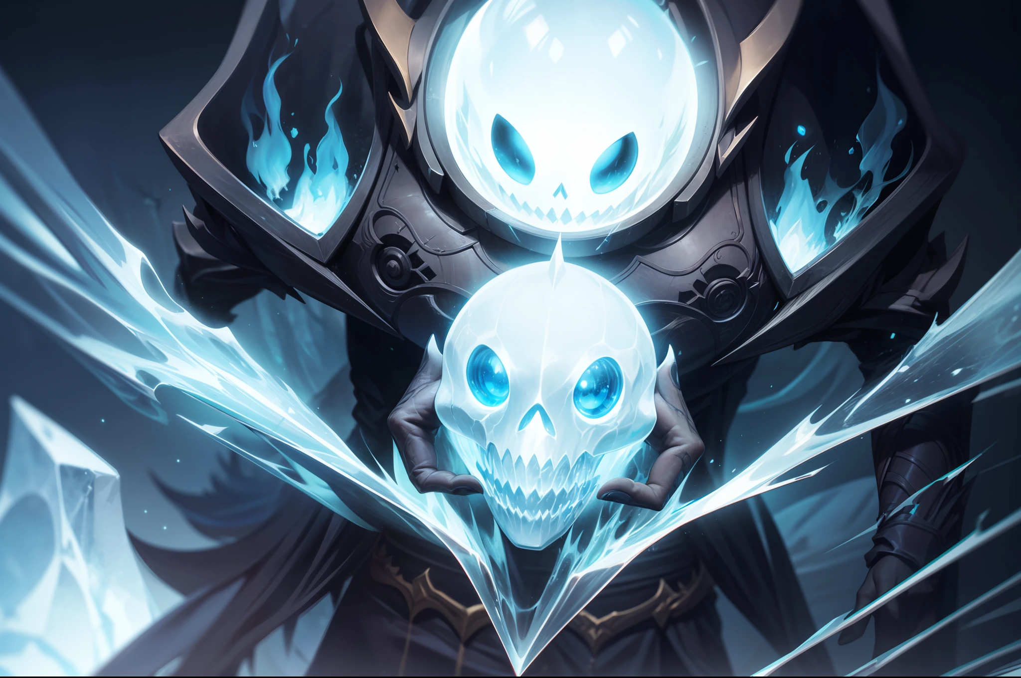 a controller of death walks through, (with blue ghost fire around), wearing black cloak, in the dark, death area, glassy eyes, ice element ,dark element, anime, high detail, chiaroscuro, depth of field, cinematic lighting, sparkle, blurry, ray tracing, vignetting, (panorama), polar opposites, masterpiece, best quality, high quality, high details, textured skin, anatomically correct, accurate, UHD, 1080P