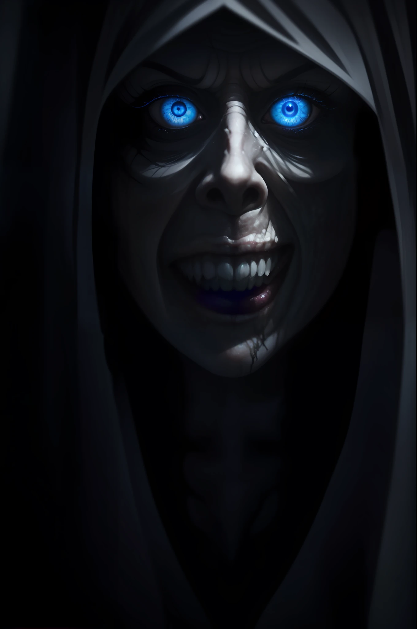 Menacing creepy old lady ghost, black background, white pupil eyes, blue-grey lighting on the face, close-up, horror, dark and haunting, hyperrealism, ultra-detailed, 8k