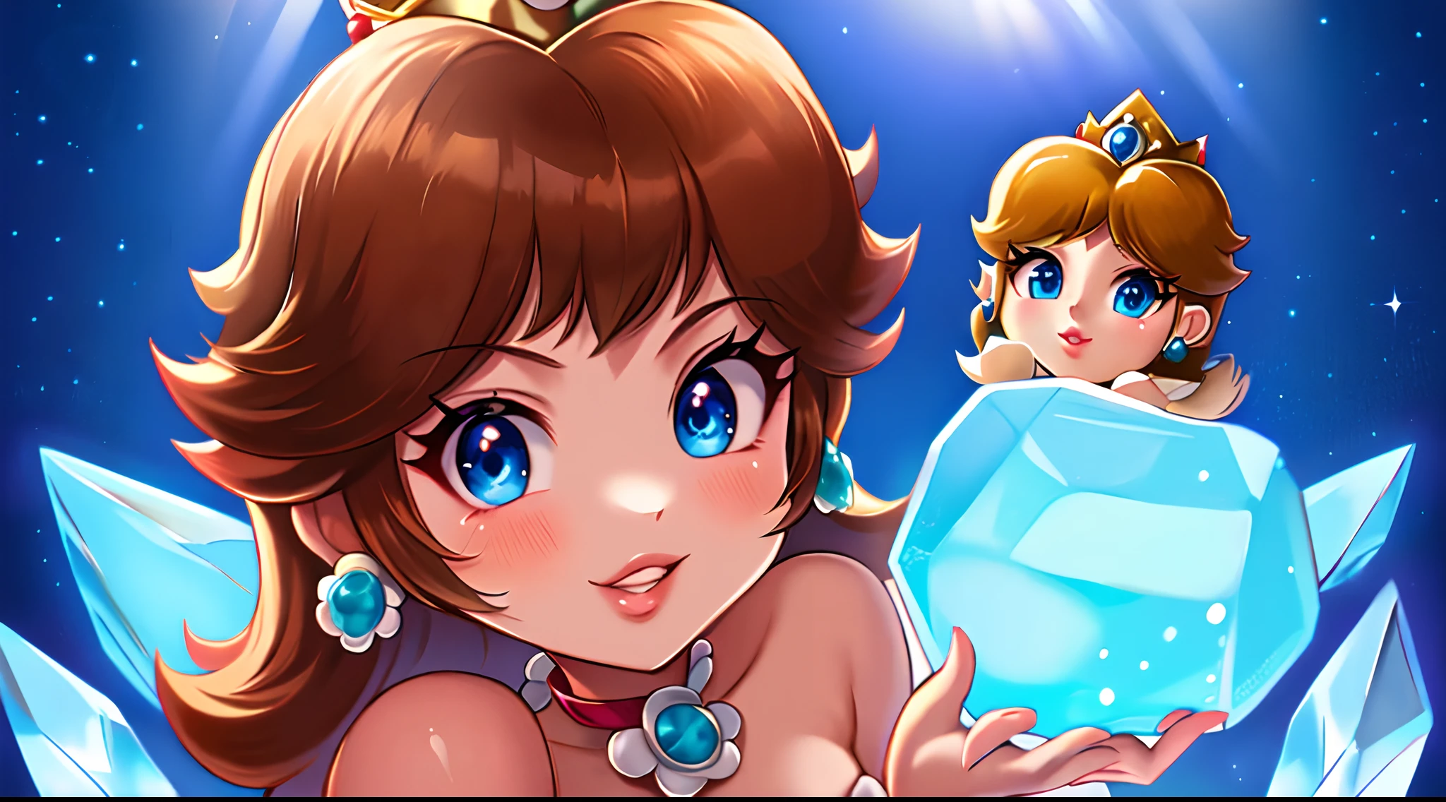 highres,masterpiece,perfect ligthing,bloom,cinematic lighting,adult,perfect skin,female,cowboy shot,smile,narrow waist,skinny,,(PrincessPeach),(Princess Peach),choker,detailled eyes,blue eyes,choker,sensual,mushrooms,mushroom kingdom,pink lips,((glossy lips)),pursed lips,pink pumps,glossy skin,oily skin,beautiful light,(day:1.3),bright,looking at viewer,( phcrystal),phcrystal,dsy, princess daisy, 2 girls, Princess Daisy, daisy,Daisy_SM ,