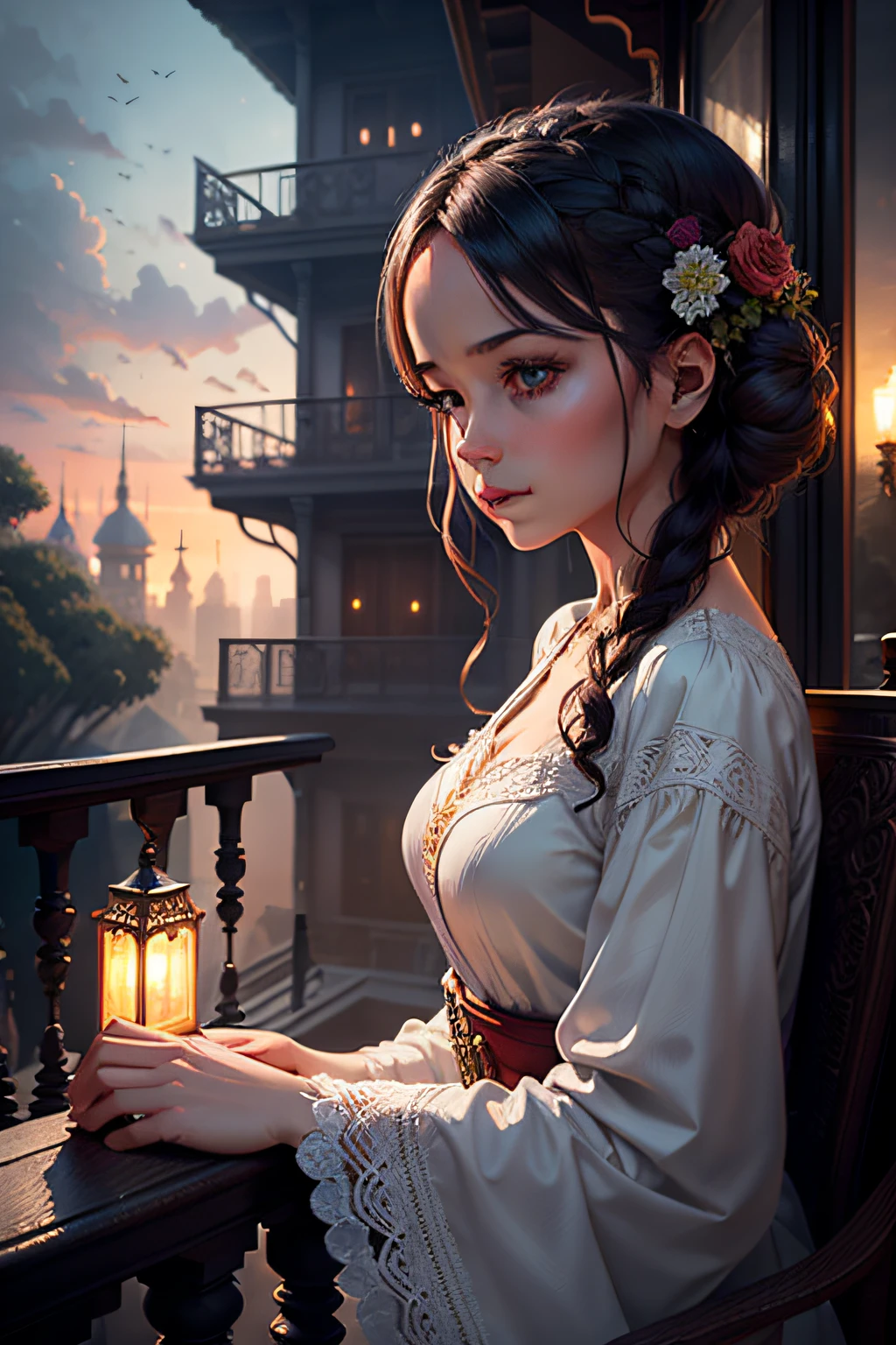 Atmospheric pixel art, a close up shot of a woman on a balcony at dawn, Intricate, High Detail, dramatic, trees, architecture