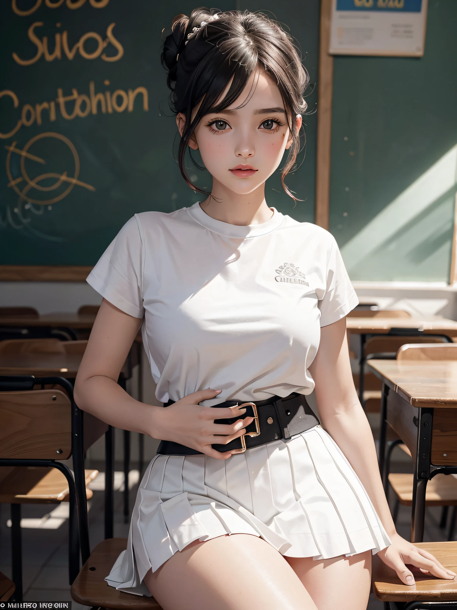 1girl, obra maestra, mejor calidad, ultra detallado, illustration, 8-year-old American girl in short skirt, con medias blancas, rubia, cabello largo, ojos finamente detallados y cara detallada) Ropa: uniforme escolar corto, anillo de bodas, Apariencia: Short black hair in a low, clean bun, maquillaje natural, (ojos morados: 1.05), gafas blancas, caderas anchas, senos masivos, seductor, maternal, mirando al espectador, curvilíneo, voluptuoso, cuerpo completo, colegiala, (8-year-old girl in short white skirt: 1.1), solo, (curvy: 1.1), culo grande, muslos gruesos, milf, Classroom Fund,