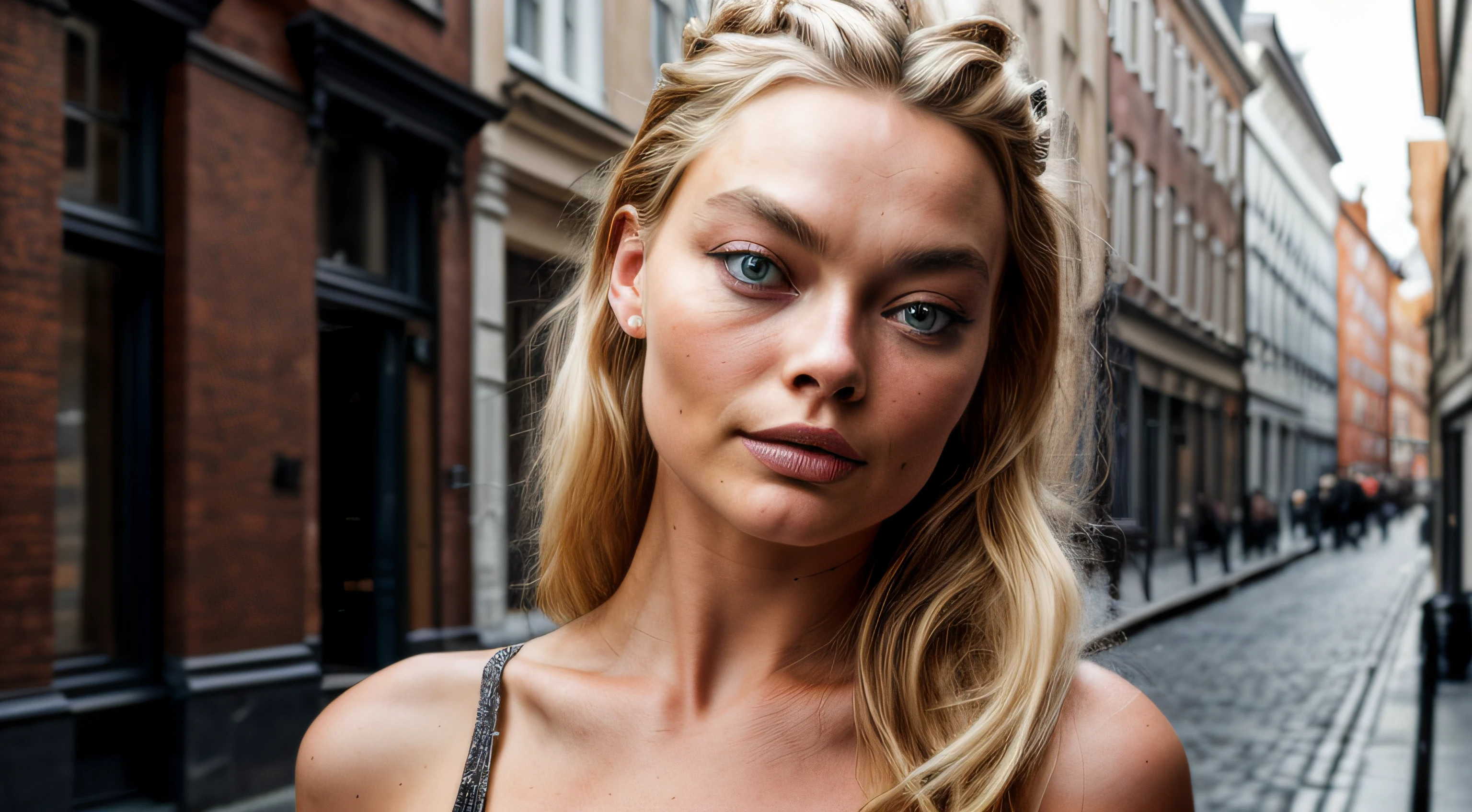 raw spontaneous photo of a stunningly Danish Queen, 24 years old fashion model with eyes like Gigi Hadid and hair like Margot Robbie, city, RAW, 8K, UHD, natural lighting, perfect day, candid, wall background