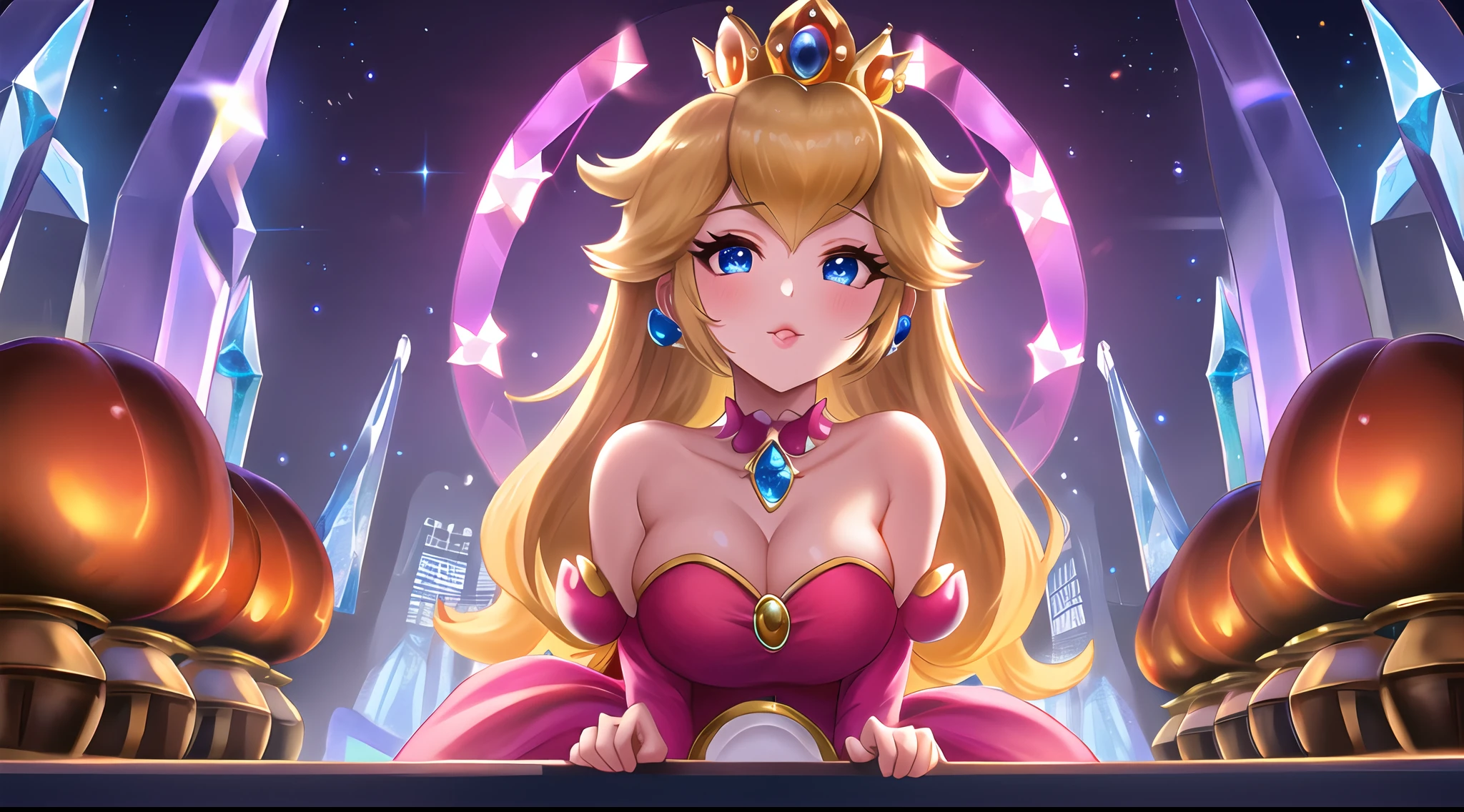 Altas Resoluciones,Obra maestra,perfect ilumination,florecer,cinematic lighting,adulto,piel perfecta,hembra,Disparo de vaquero,They are smiling,cintura estrecha,flaco,(Princesa Peach),(princess peach),gargantilla,ojos detallados,ojos azules,gargantilla,Sensual,mushrooms,Reino de los hongos,labios rosados,((labios brillantes)),labios fruncidos,Bombas rosas,piel brillante,piel grasa,hermosa luz,(tag:1.3),brillante,Mirando al espectador,(phcrystal),Daisy_SM,choker,detailled eyes,blue eyes,choker,sensual,mushrooms,mushroom kingdom,pink lips,((glossy lips)),pursed lips,yellow pumps,glossy skin,oily skin,beautiful light,(day:1.3),bright,looking at viewer,(phcrystal),