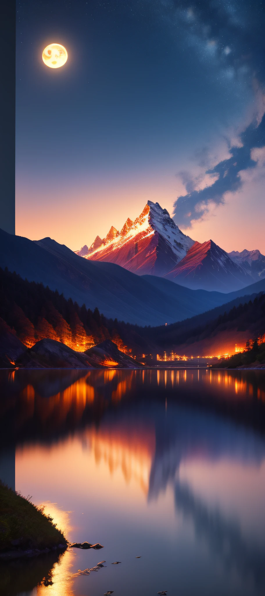 Photorealistic landscapes with ultra-detailed 8K image quality。Night with a huge moon and shining stars over the mountains。Beautiful night view reflected on the tranquil surface of the lake。