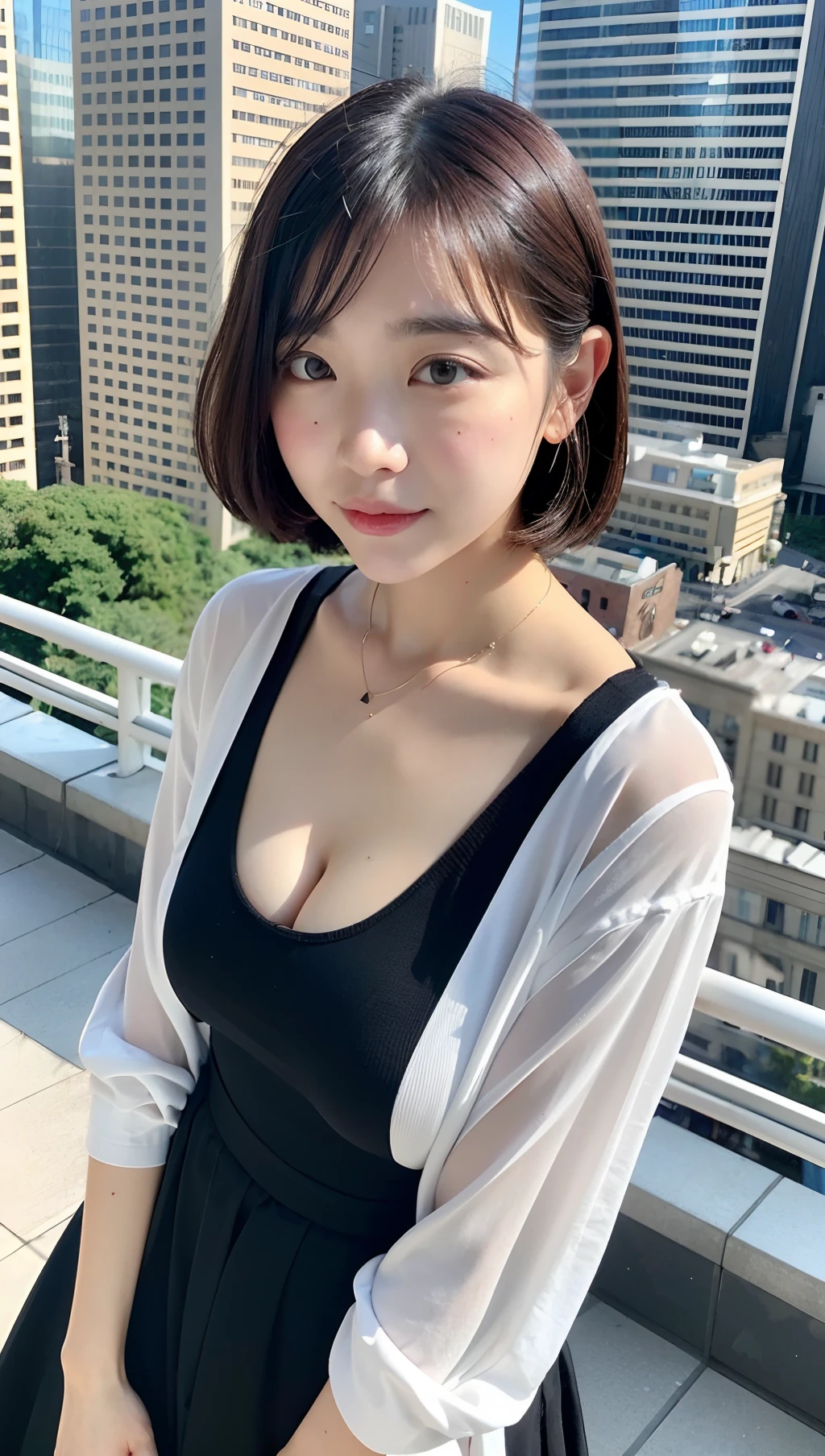 (top-quality、8k、32k、masterpiece、UHD:1.2)、Photo of a cute Japanese woman、large full breasts、The upper part of the body、sface focus、a necklace、City background、From above、looking at the viewers、Y shirt