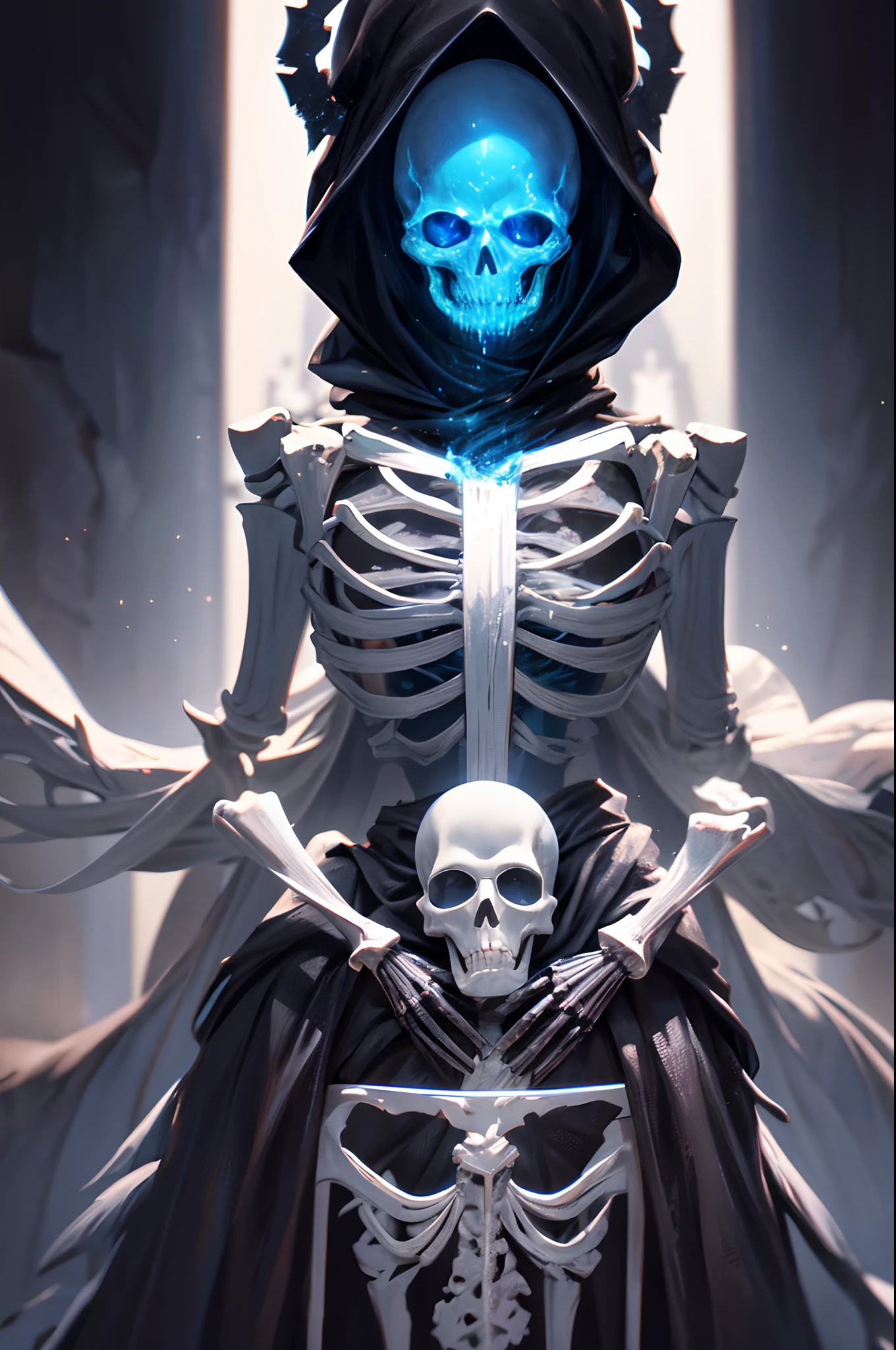 a skeleton walks through, (with blue ghost fire around), wearing black cloak, in the dark, death area, glassy eyes, ice element ,dark element, anime, high detail, chiaroscuro, depth of field, cinematic lighting, sparkle, blurry, ray tracing, vignetting, (panorama), polar opposites, masterpiece, best quality, high quality, high details, textured skin, anatomically correct, accurate, UHD, 1080P