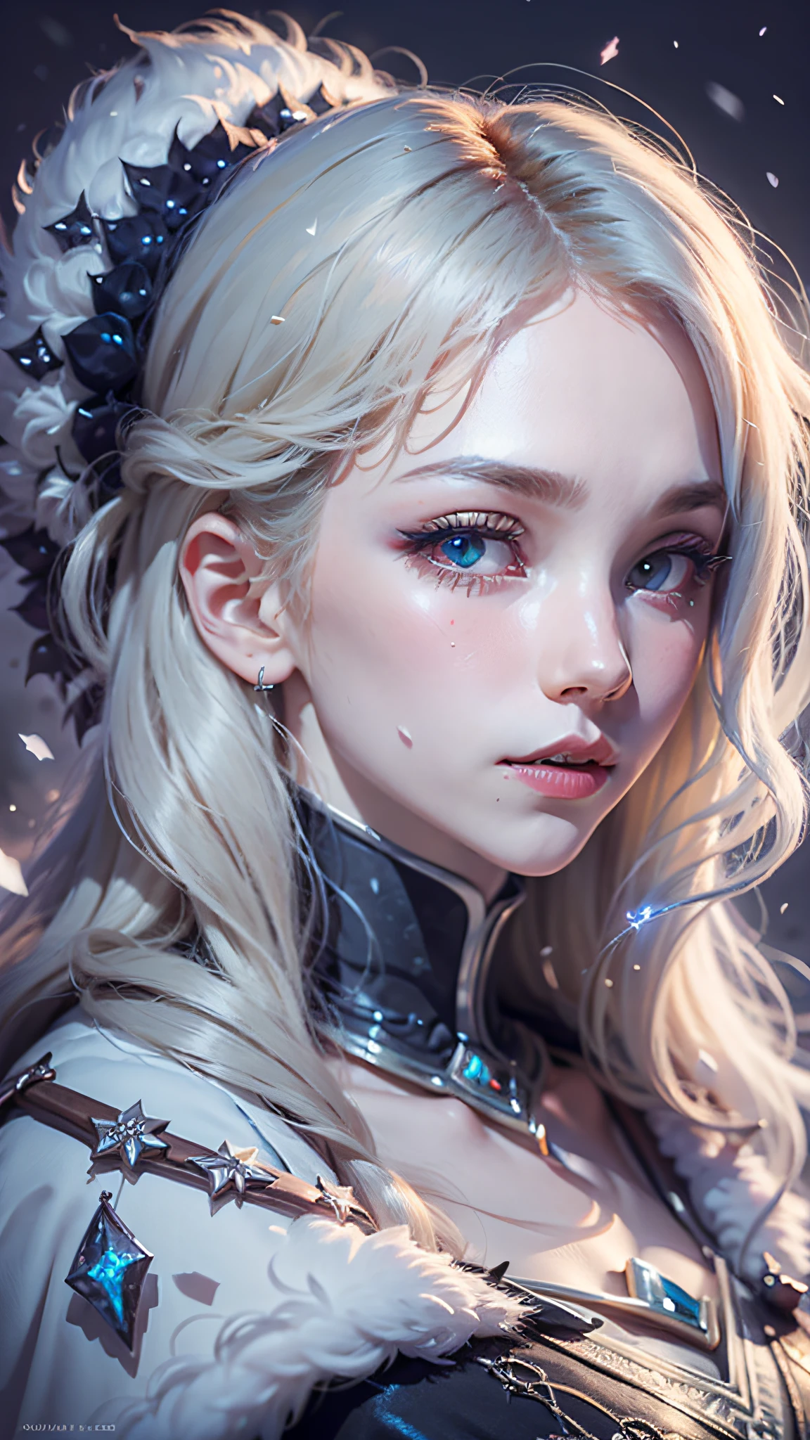 Masterpiece, (Best Quality: 1.2), (Super Fine: 1.2), Illustration, (Extremely Delicate and Beautiful: 1.2), Film Angle, Floating, (Beautiful Detail Eye: 1.1), (Detail Light: 1.1), Film Lights, Delicate Sky, Woman, White Hair, Blue Eyes, (High Ponytail: 1.1), Cloak, Glowing Eyes, (Moon: 1.2), (Moonlight: 1.1), Starry Sky, (Light Particles: 1.1), Fog , snow painting, sketching, blooming
